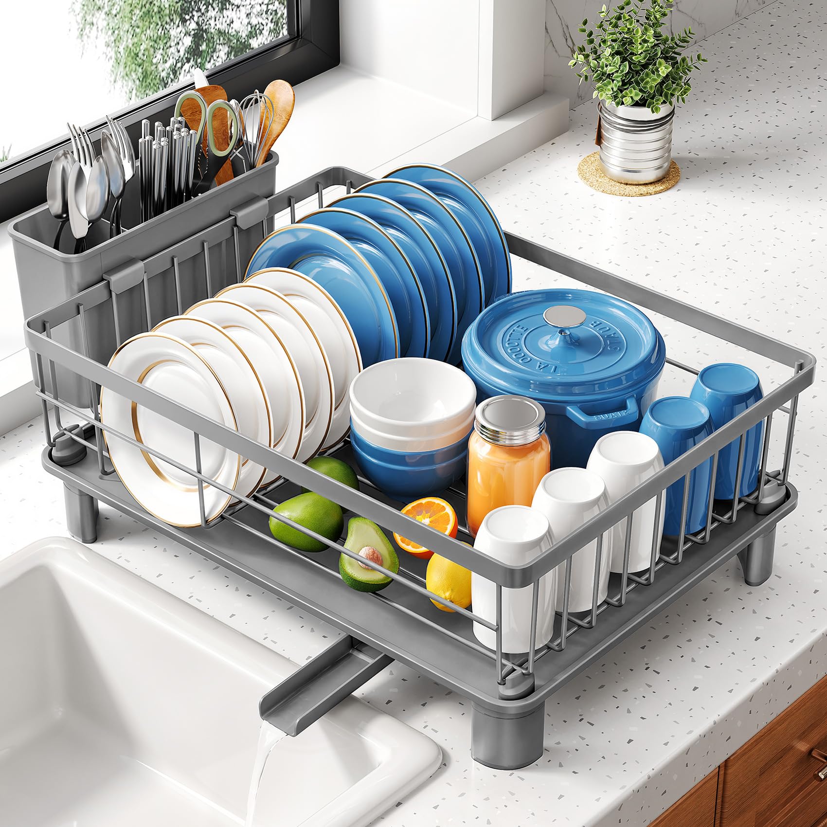 SNTD Dish Drying Rack for Small Kitchen Counter, 12.9" W x 16.9" L, Grey