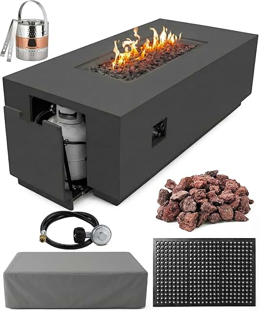 AMS Fireplace Genuine Concrete Rectangular Propane Fire Pit Table for Ou...