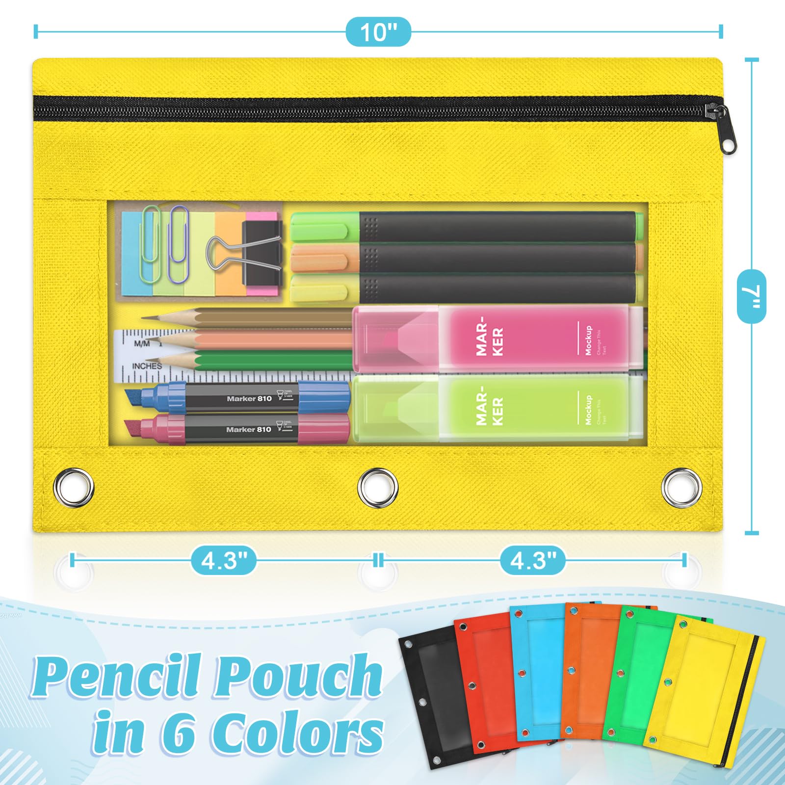 SpringFlower 36 Pack Pencil Pouch for 3 Ring Binder, Binder Pencil Pouch, Pencils Pouches for Binders with Smooth Zipper in 6 Assorted Colors for School, Office Supplies