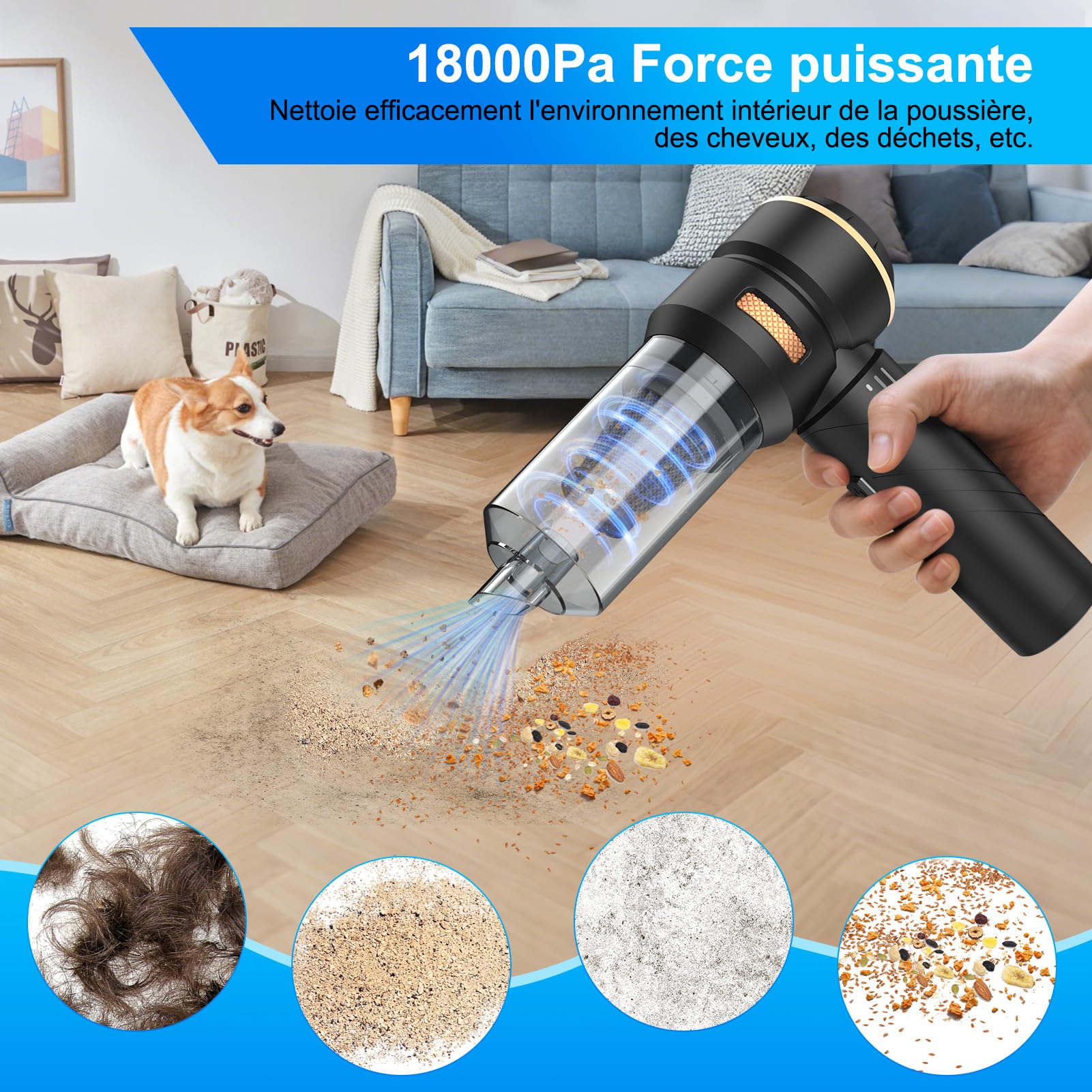 Aspirateur à Main, Aspirateur de Voiture 18000PA, Aspirateur Portable Sans Fil avec 200000 U/min Aspirateur Voiture 3 Vitesses, Aspirateur à Main Pliable pour Bureau, Voiture, Cuisine, Poils d'animaux