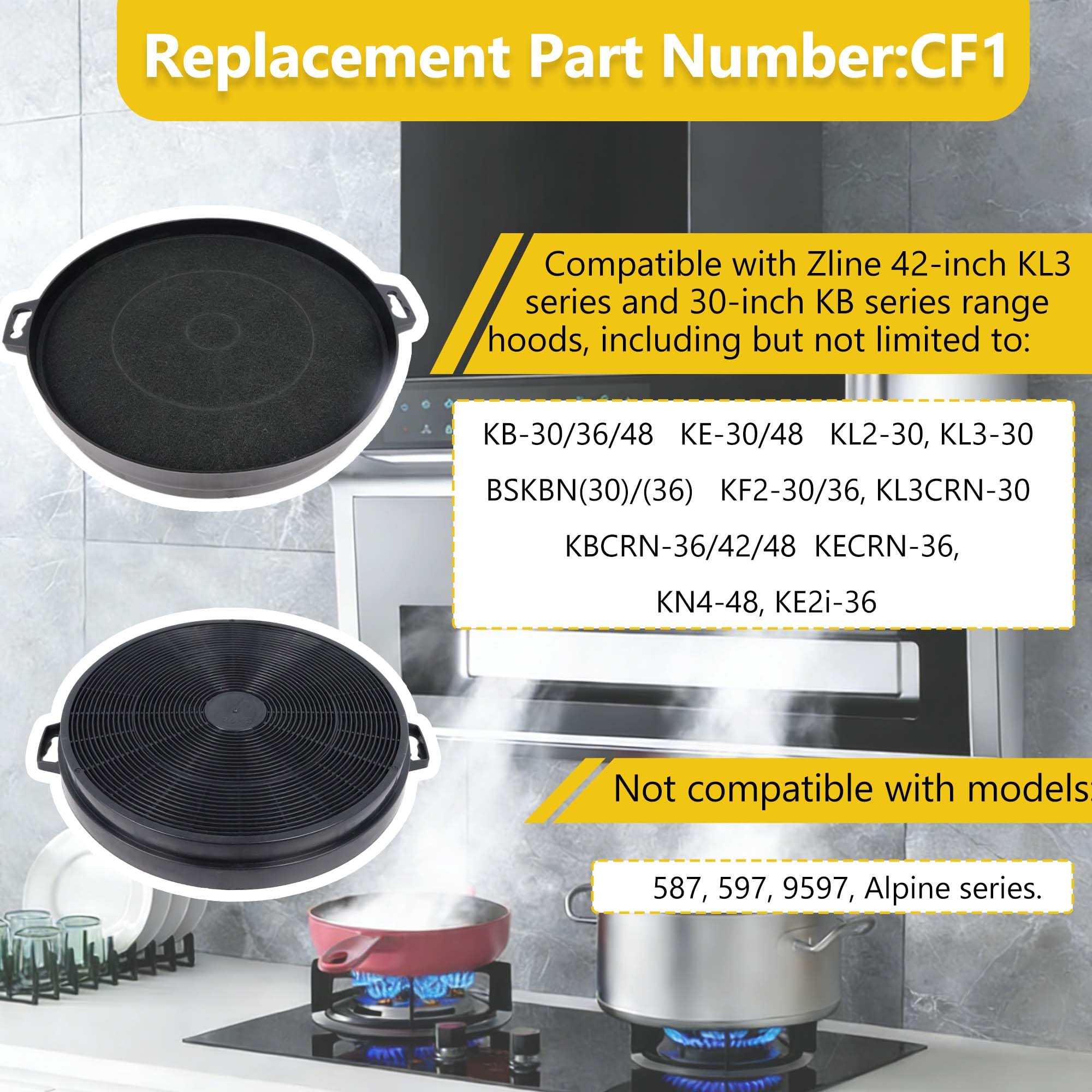 Paquete de 4 filtros de carbón CF1 para campana extractora | Compatible con modelos Zline KB-36 KB-30 KE-30 KE-48 KL2-30 KL3-30 IE77 | Compatible con varios modelos excepto 587 597 9597 Series