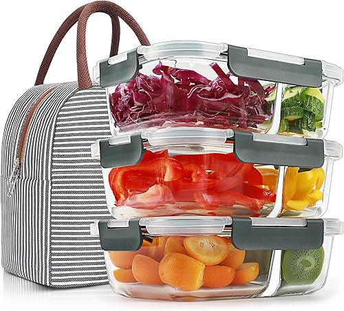 Miniatura 10 de DAS TRUST Paquete de 3 recipientes de vidrio para preparación de comidas con tapas, 3 compartimentos, recipientes de almacenamiento de alimentos de