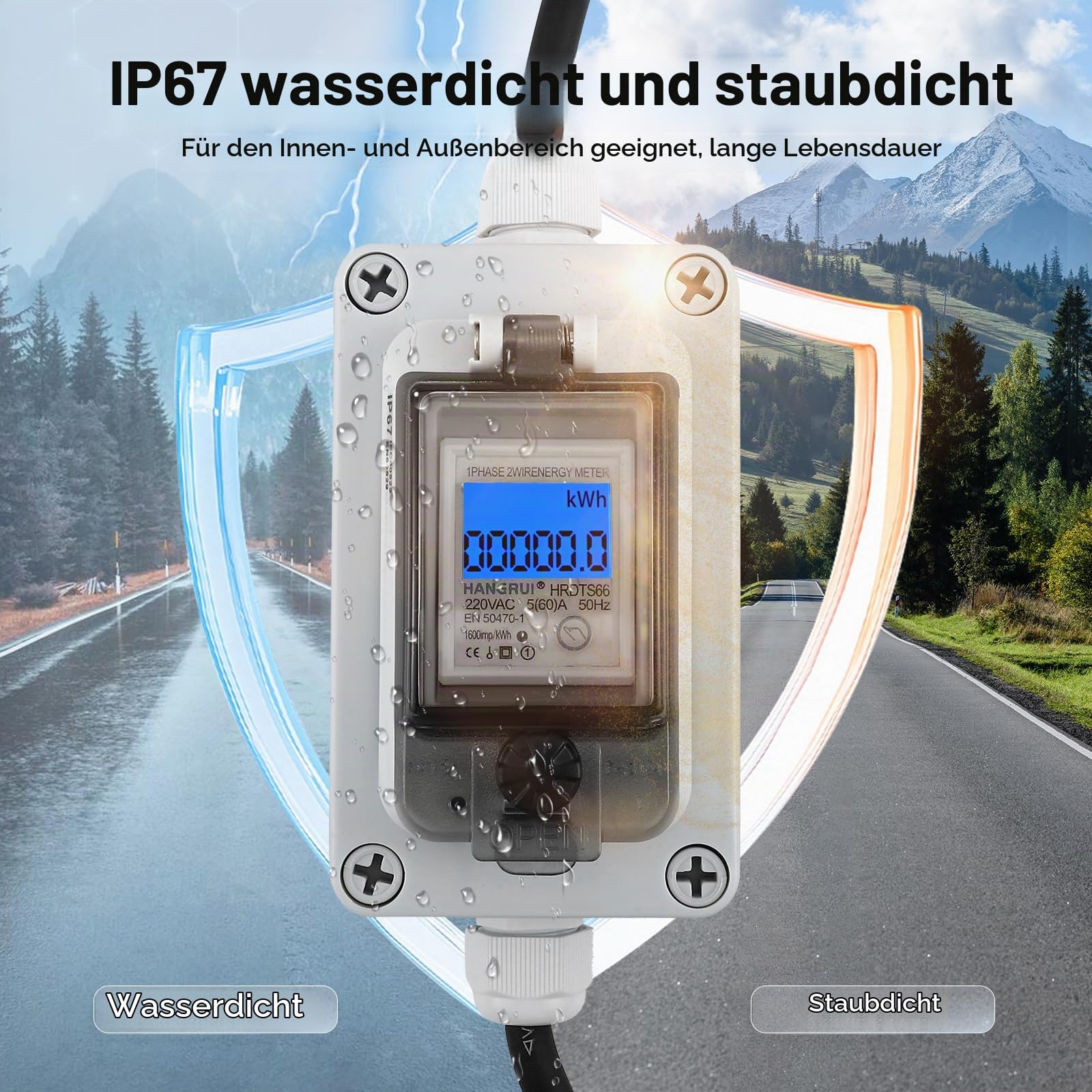 Mobiler Stromzähler Steckdose IP67 Wasserdicht, 16A CEE Zwischenzähler mit KWH-Anzeige, Stromzähler Auslesen per Display für Camping, Wohnmobil & Elektroauto, 3m Gummikabel