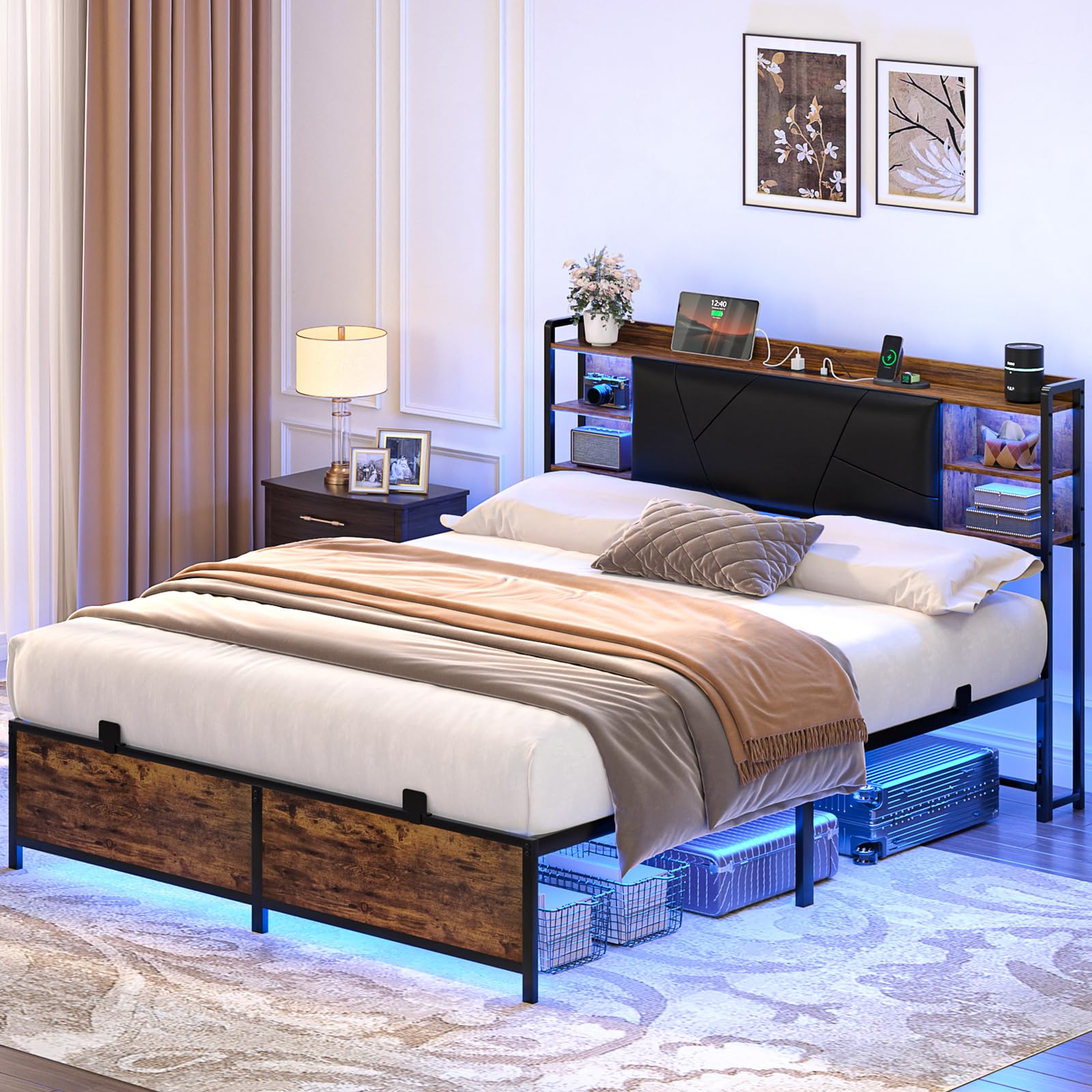 Cyclysio Full Bed Frame with Storage Headboard, Full-Size Upholstered Platform Bed with Charging Station and RGB LED Lights, Heavy Duty Metal Slats,
