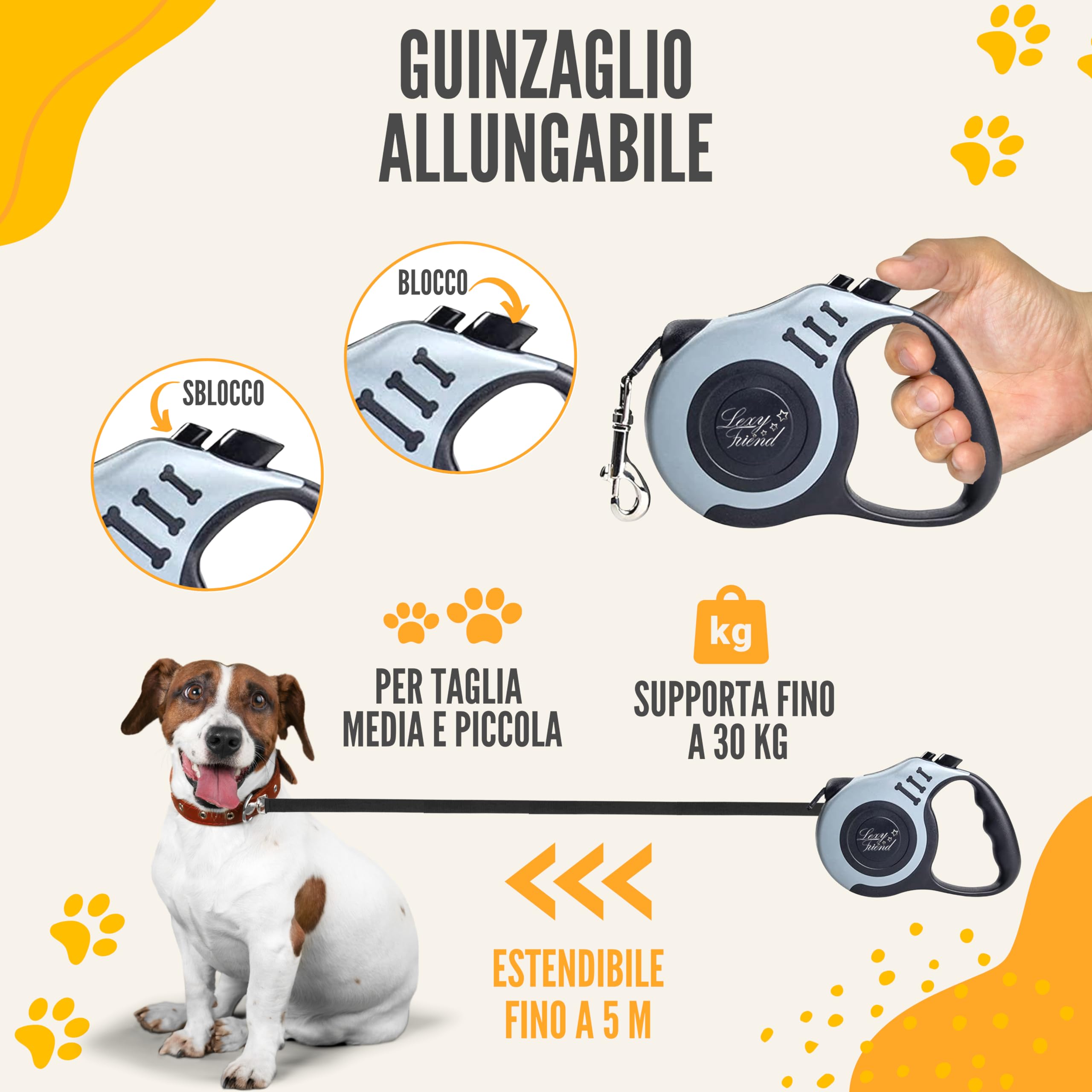 Guinzaglio Retrattile Per Cani Piccoli E Medi - Fino A 5 Metri Con Ciotola Portatile E Portasacchetti - Regolabile E Resistente - Foto 8