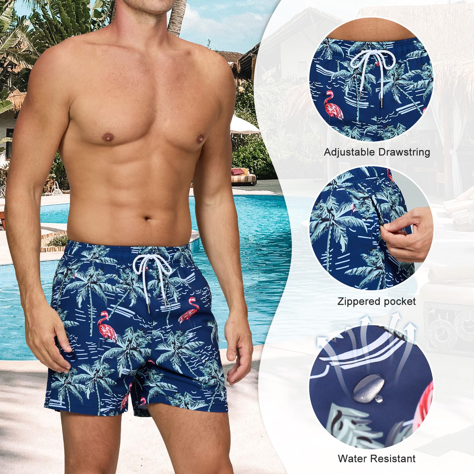 Bañador Hombre Secado Rapido Respirable Traje de Baño Estampado Ligero Boxer con Cremallera para Natacion Playa Surf