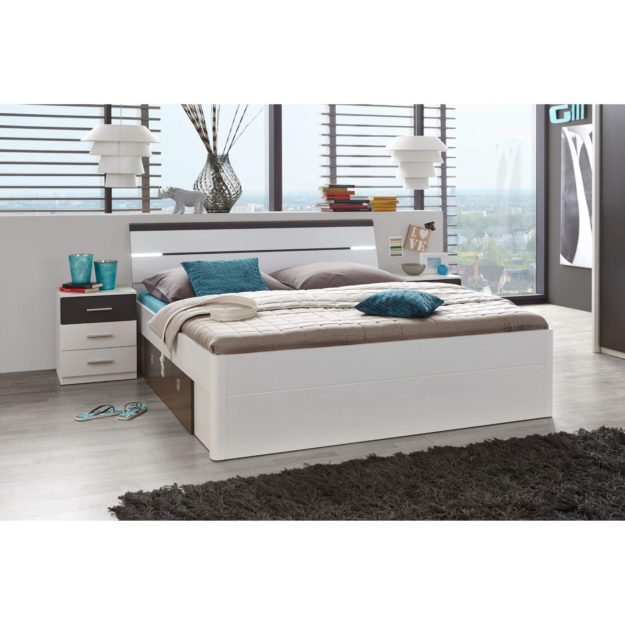 MARS Letto matrimoniale elegante 180 x 200 cm con 2x comodini - cameretta completa in Bianco / Lava - 216 x 97 x 185 cm