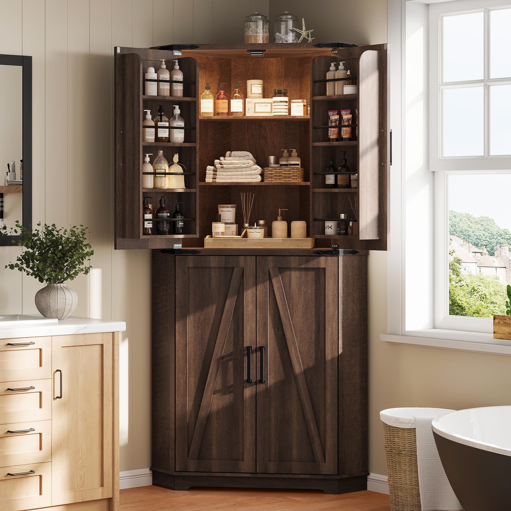 Dripex 71" Corner Cabinet Brown, Farmhouse Kitchen Pantry Cabinet with Doors Storage &amp; Adjustable Shelves, Tall Corner Storage Cabinet with LED Light, Food Pantry for Living Room, Dining Room