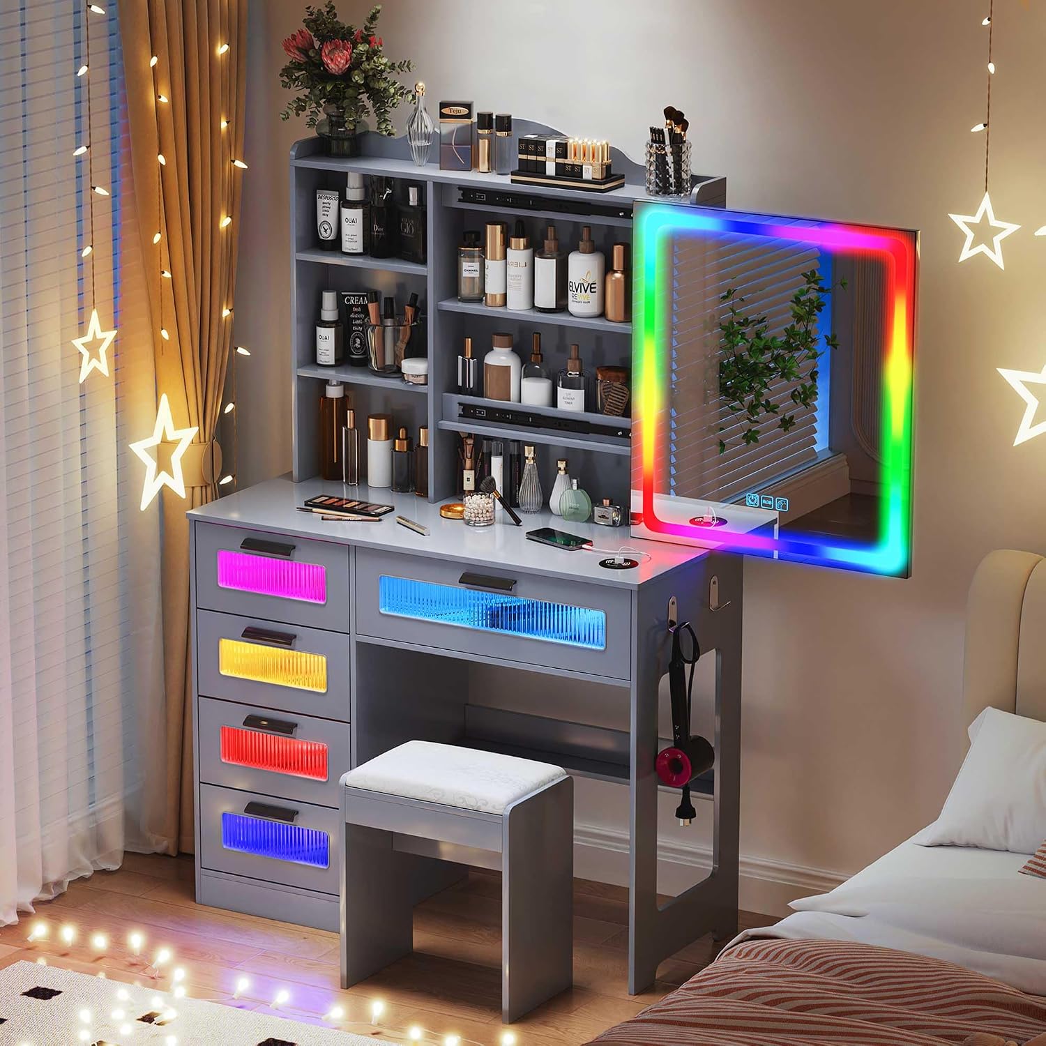 Smart LED Makeup Table with 5 Drawers 6 Shelves for Bedroom Gray