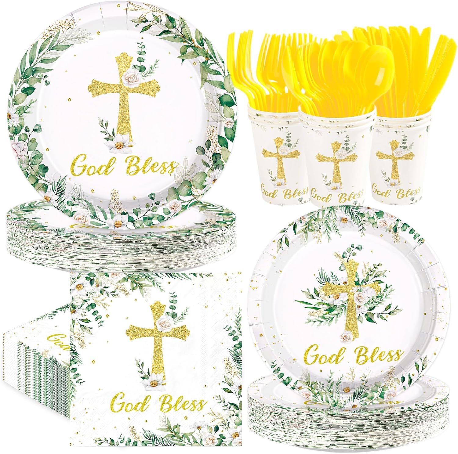350Pcs God Bless Party Supplies Cross Floral Baptism Plates Napkins Cups Forks Knives Spoons Green Gold First Communion Tableware Set for Christening Baby Shower Party Supplies Serves 50