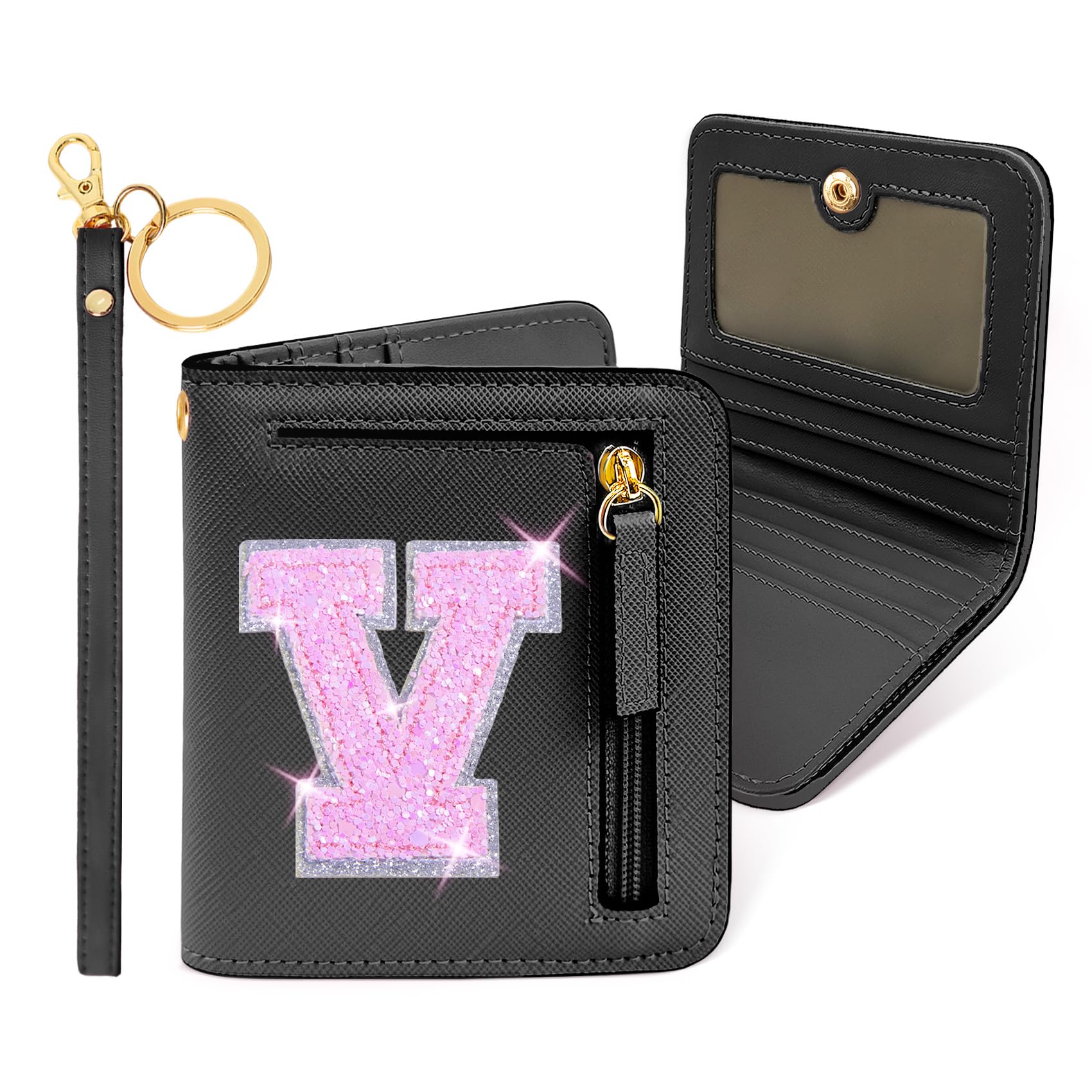 COSHAYSOO Mini Wallet with RFID Blocking Initial Monogrammed for Girls Birthday Valentines Easter Mothers Nurse Day Graduation Thanksgiving Appreciation Halloween Christmas New Year Gifts Black V
