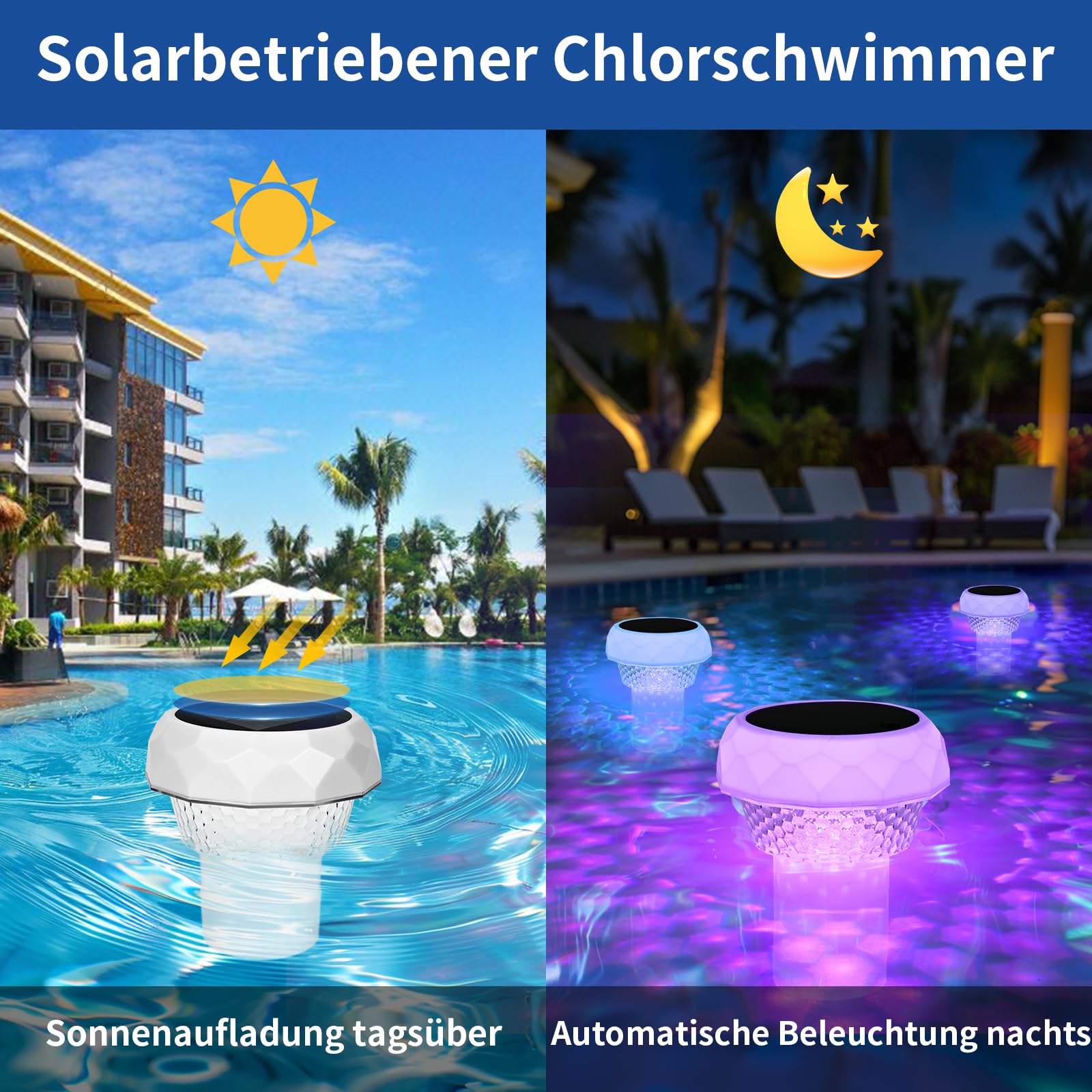 Dosierschwimmer Pool Schwimmer für Chlortabletten Chlordosierer mit LED Poolbeleuchtung Solar Großer Chlor Schwimmer für Pool mit Fernbedienung, IP68 Wasserdicht