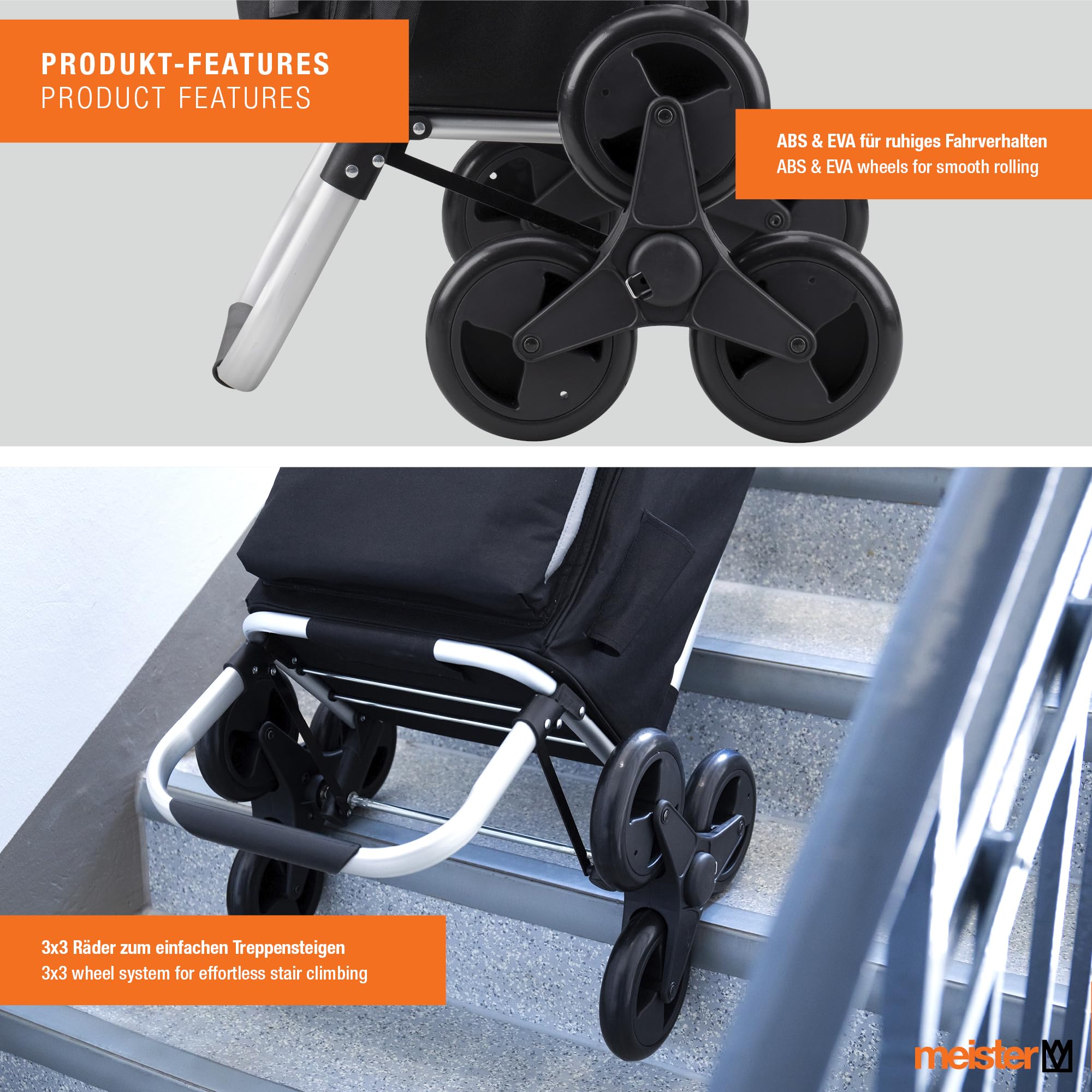Meister - Carrito de la compra, 54 L, con compartimento refrigerador, bolsa extraíble y resistente a la lluvia, colgador para el carro de la compra, carrito plegable, 6816810
