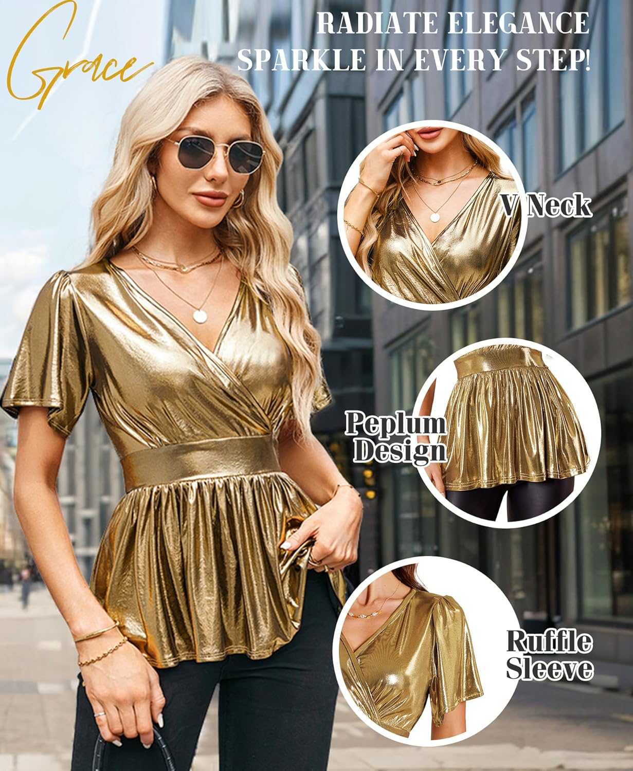 Glitter Peplum Tops for Womens - Sparkly V Neck Shirts Ruffle Sleeve Blouse Wrap Tunic Metallic Cocktail Party Tops - Image 3