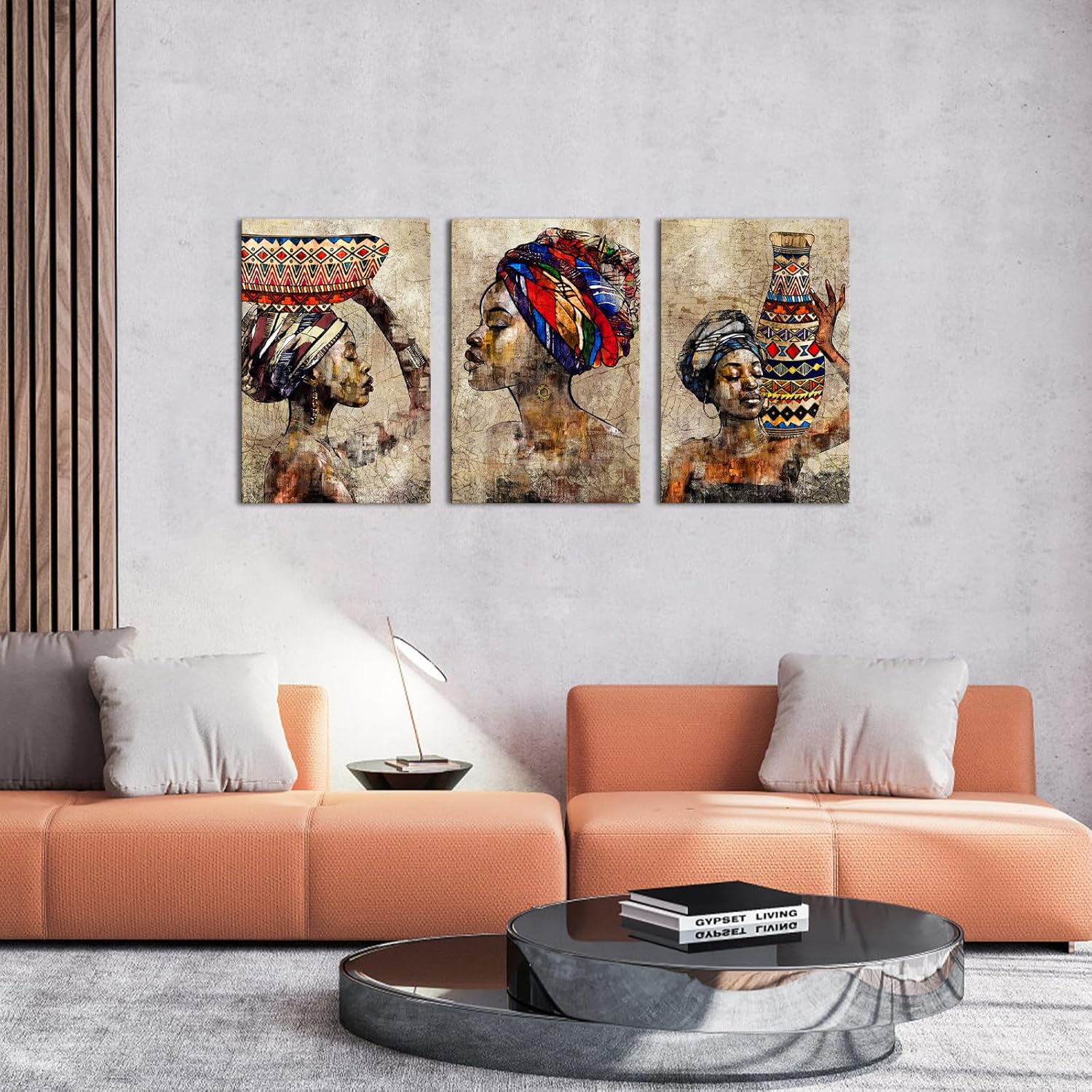 Biuteawal 3 Pieces African American Wall Art Tribal Black Girl Ethnic Style Picture Vintage Brown Artwork Abstract Painting for Bedroom Home Decor Stretched and Framed Ready to Hang