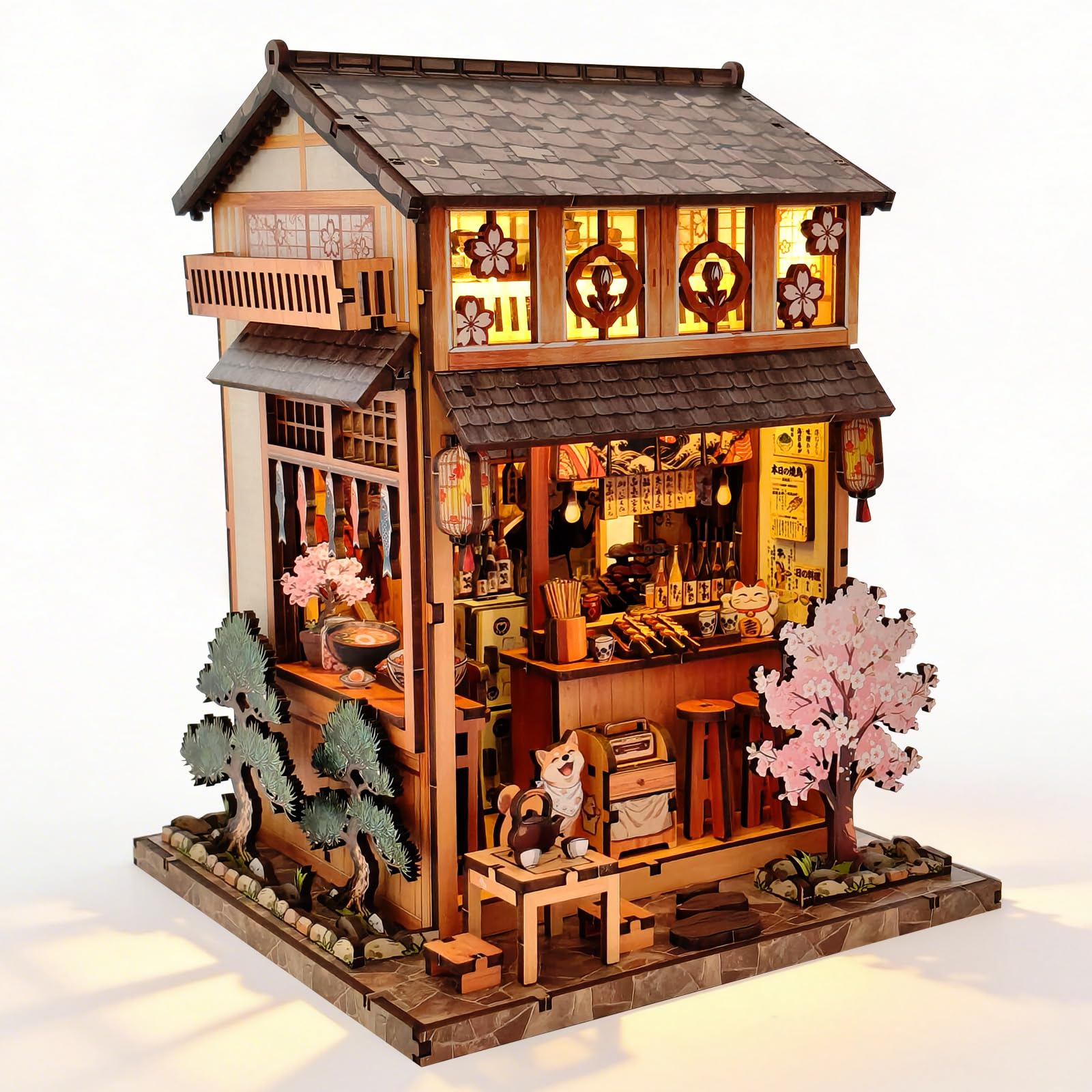 Tecnock DIY Miniaturhaus Bausatz für Erwachsene & Jugendliche, Sakura Izakaya mit Touch-Licht, Book Nook Deko, 3D Holzpuzzle Geschenk für Japan-Fans (Sakura-Izakaya)