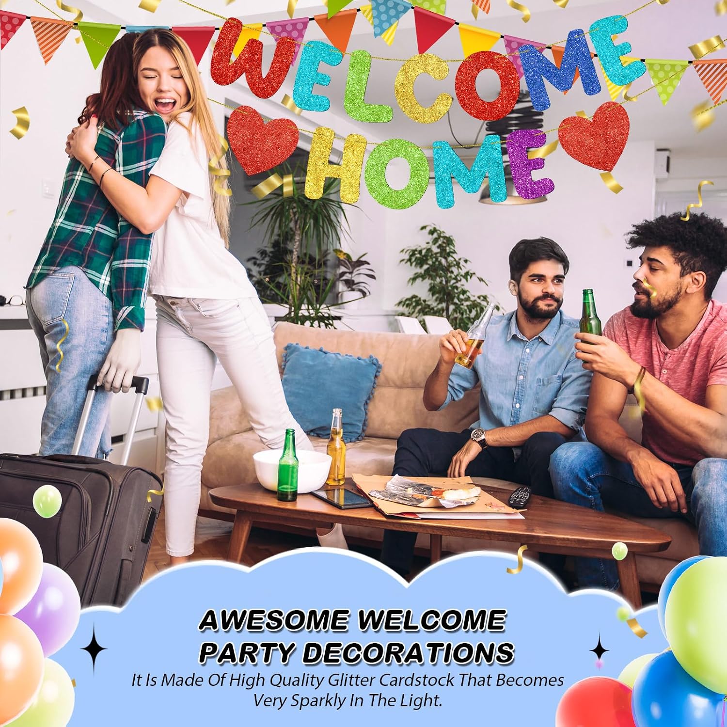 Fulmoon Welcome Home Banner Glitter Funny Welcome Sign, Colorful