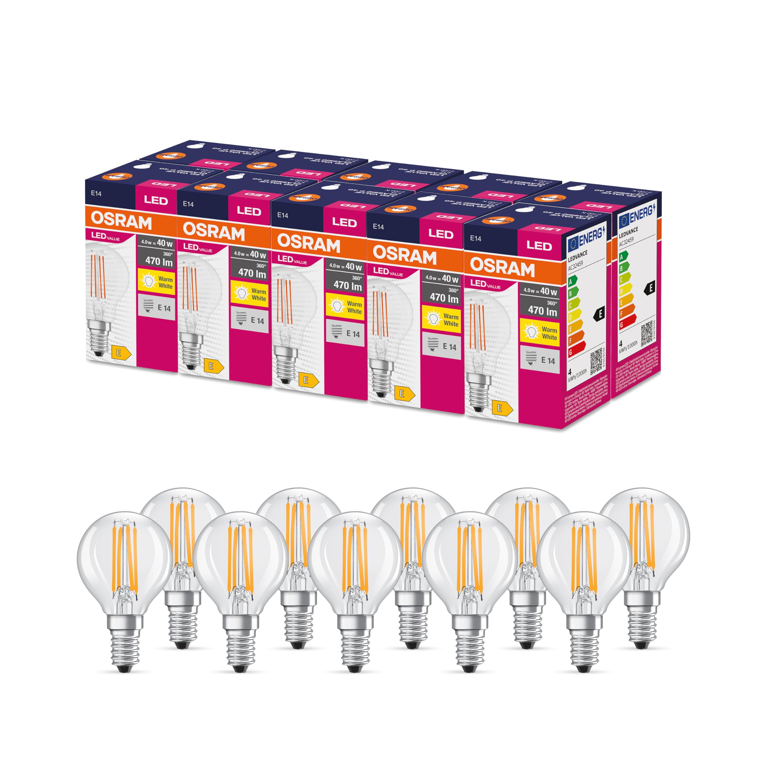 OSRAM Led Star Value Classic P40 Led Lamp for E14 Base, Drop Shape, Fil, 470 Lumens, Warm White (2700K), Replacement for Conventional 40W Light Bulbs, Not Dimmable, 10-Pack