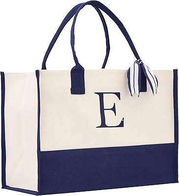 VANESSA ROSELLA Monogram Tote Bag with 100% Cotton Canvas and a Chic Personalized Monogram (Navy Block Letter - E)