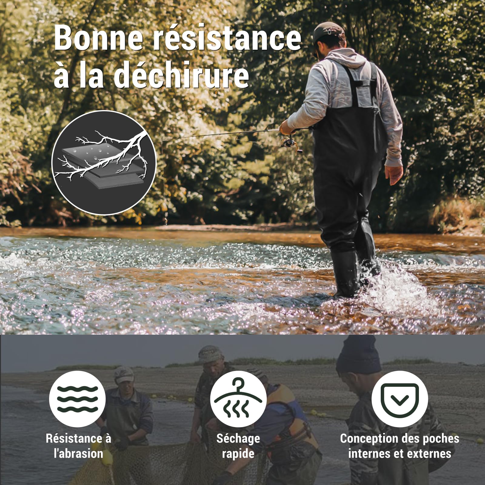 IEEILULU Waders Peche Homme, Waders Pantalons de Pêche avec Poche Poitrine, Pantalons de Waders Nylon avec Bottes 40-47, Waders Peche Antidérapants Cadeau pour Amateurs de Pêche e Sportive