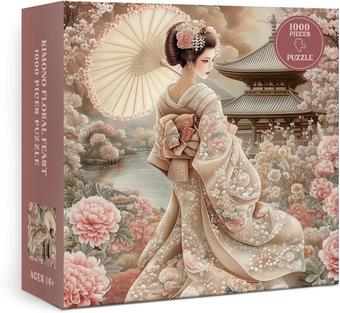 Japanese Kimono Geisha Puzzle 1000 Piece for Adults, Spring Colorful Cherry Blossom Flower Jigsaw Puzzle, Vintage Garden Nature Art Puzzles