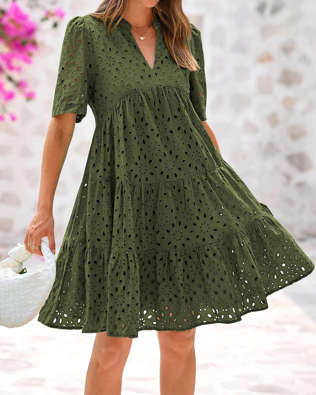 BTFBM Womens Boho Summer Dresses 2026 Spring V Neck Short Sleeve Hollow Out Lace Ruffle Casual Beach Mini Vacation Dress - Image 5