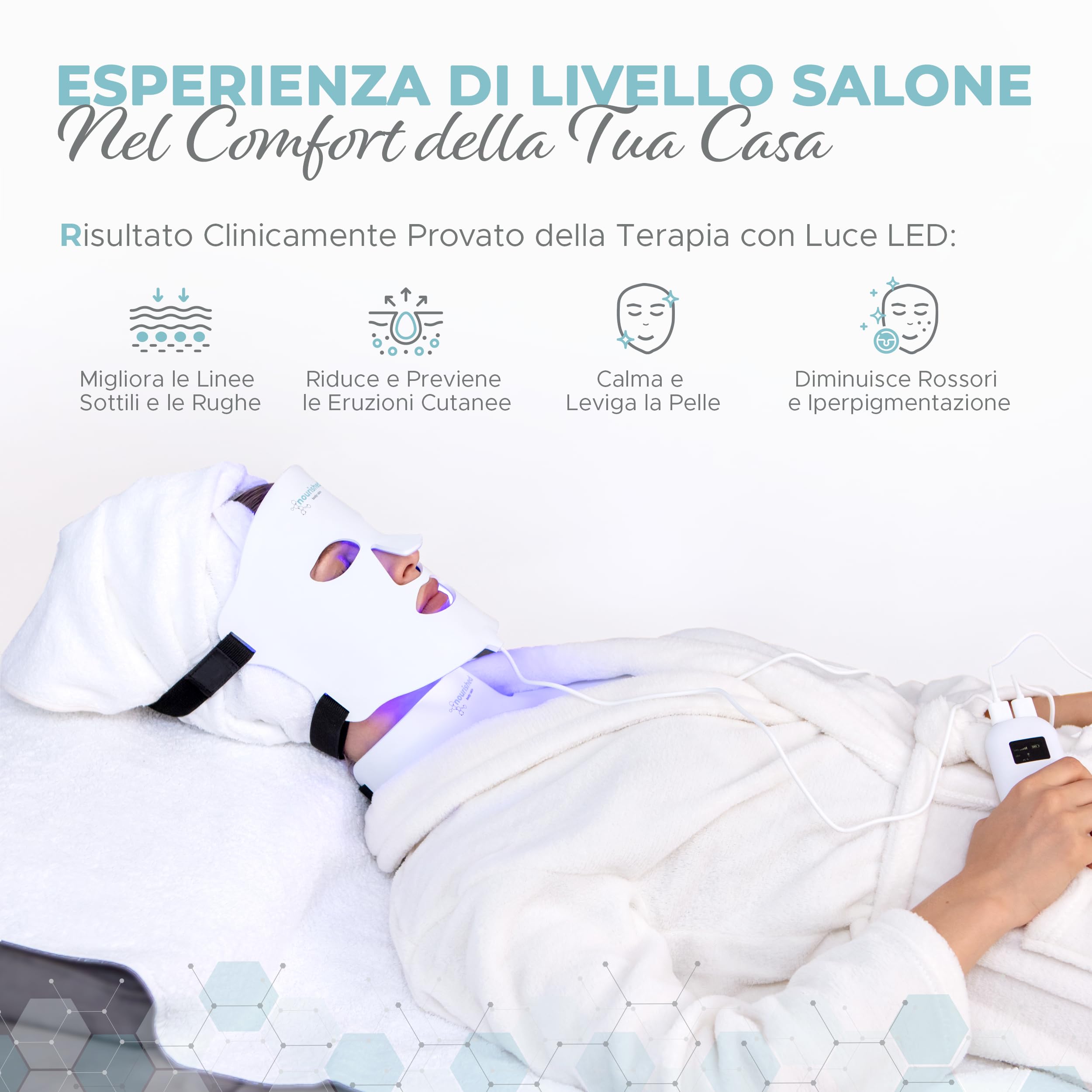 Nourished Bodynskin Maschera di Terapia con Luce LED per Viso & Collo - Dispositivo per la Cura della Pelle del Viso - 7 Colori Rosso & Blu - Ringiovanimento, Prodotto Anti-invecchiamento per le Rughe