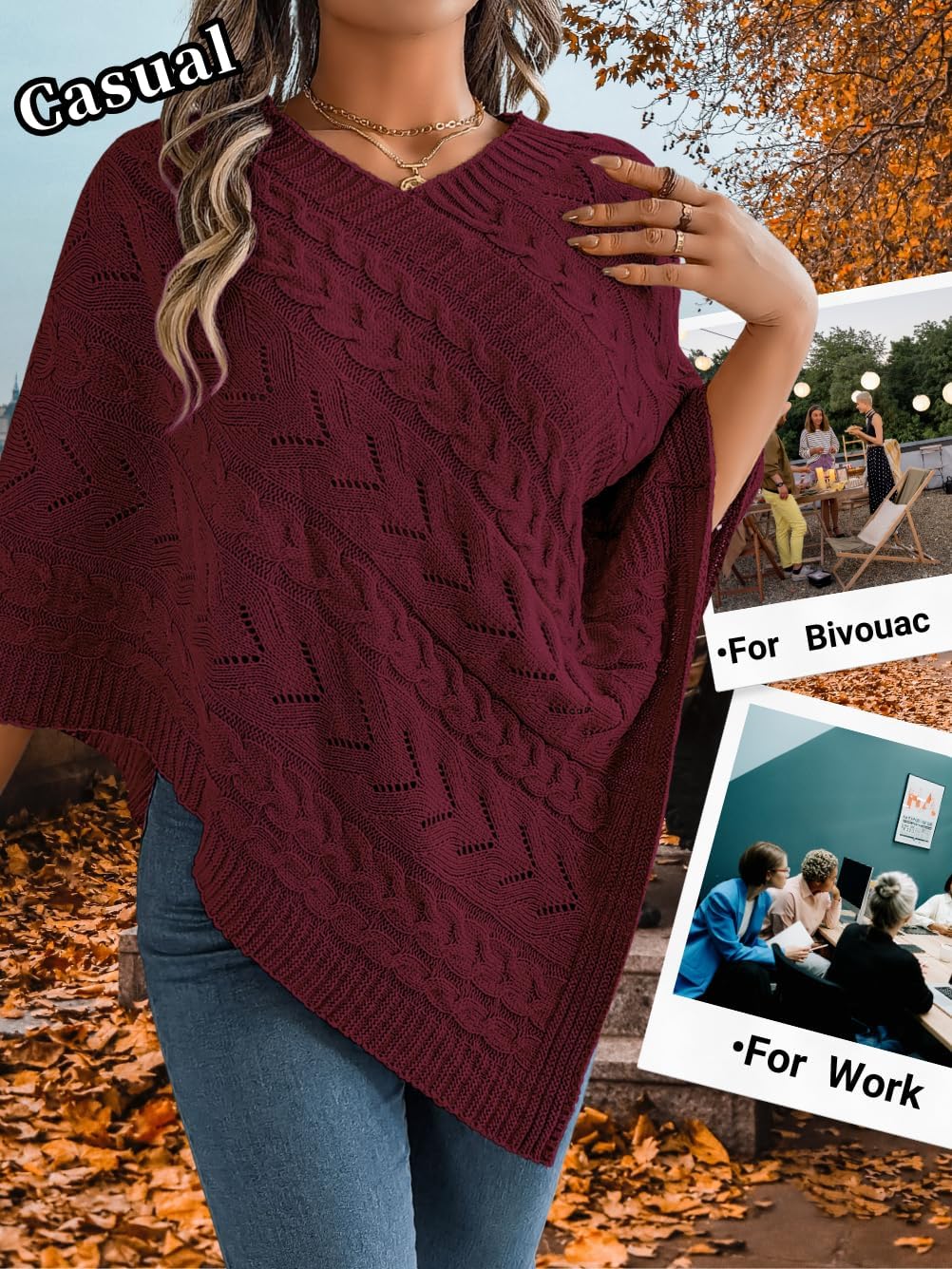 Women Knit Poncho Sweater, Irregular Hallow Out Cape Top Casual Fashion, Lightweight Knitted Shawl Wraps Fall Winter - Image 3