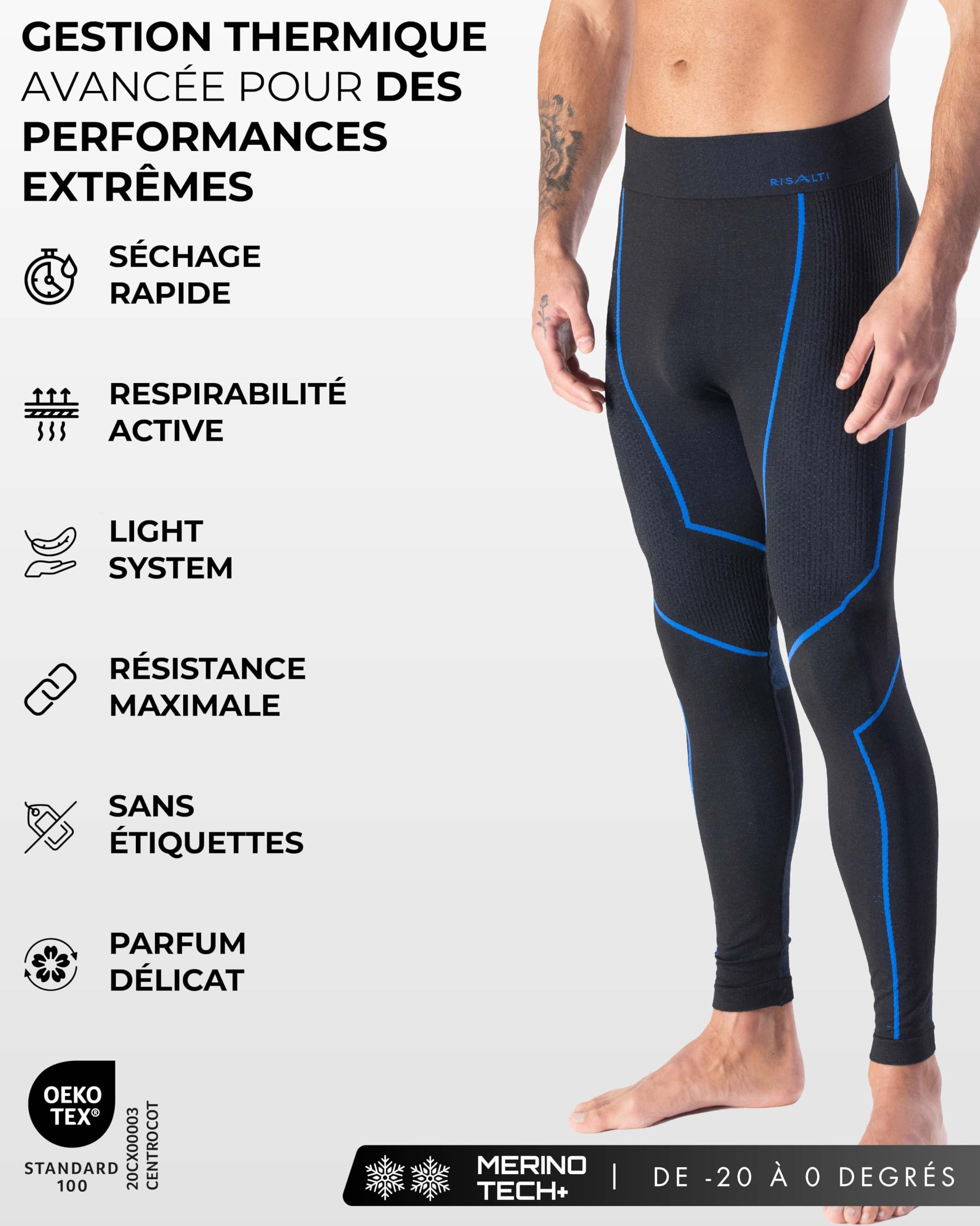 Risalti Collant thermique homme Merino Tech – Pantalon thermique pour homme à compression en laine mérinos, collants pour homme, sous-vêtements thermiques pour homme d'hiver – sans couture – Fabriqué