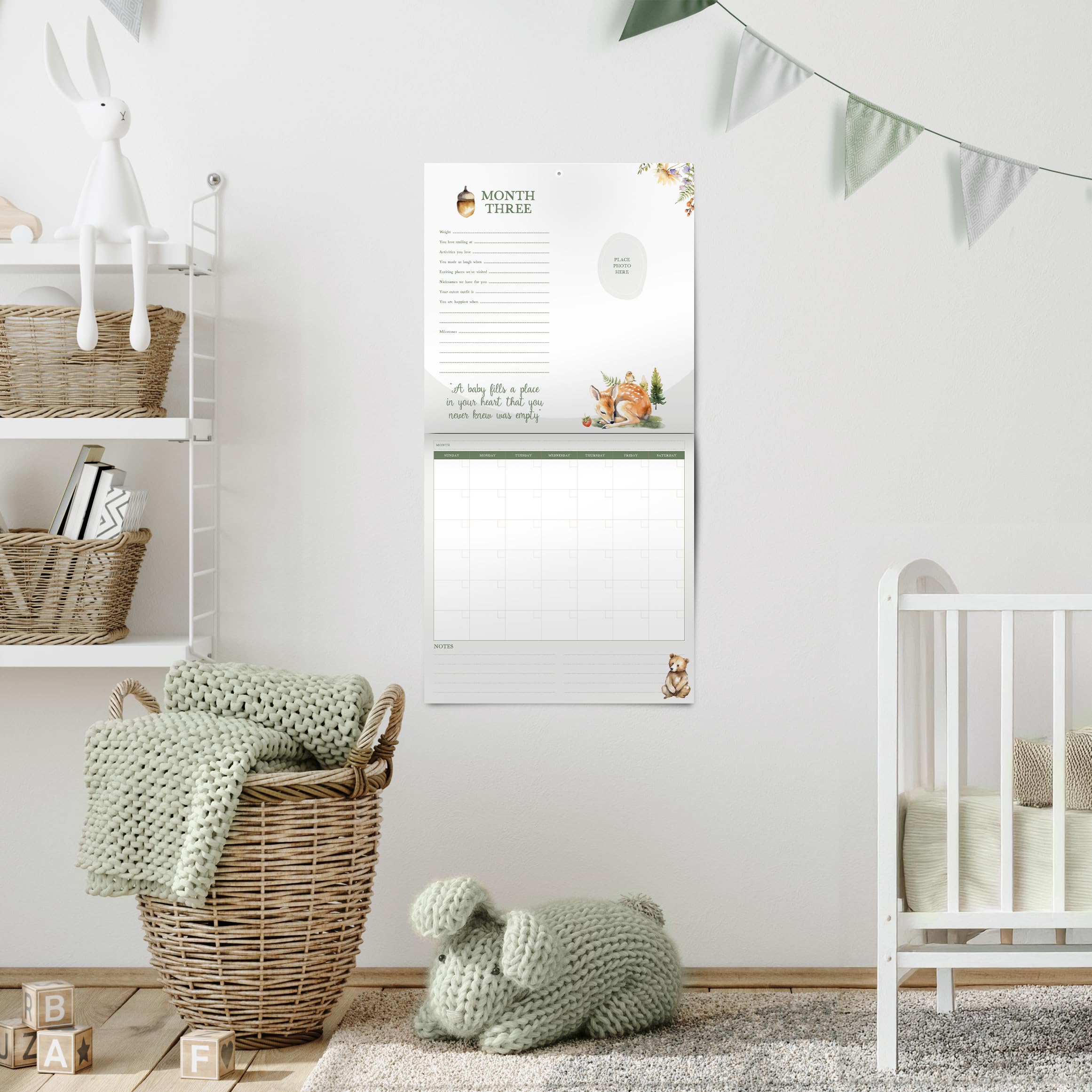 Baby erstes Jahr Kalender mit 100 Aufklebern - Waldtiere 1. Jahre Wandkalender mit Aufklebern, Baby Tracker, Baby Scrapbook für neue Mutter und Neugeborene Jungen & Mädchen