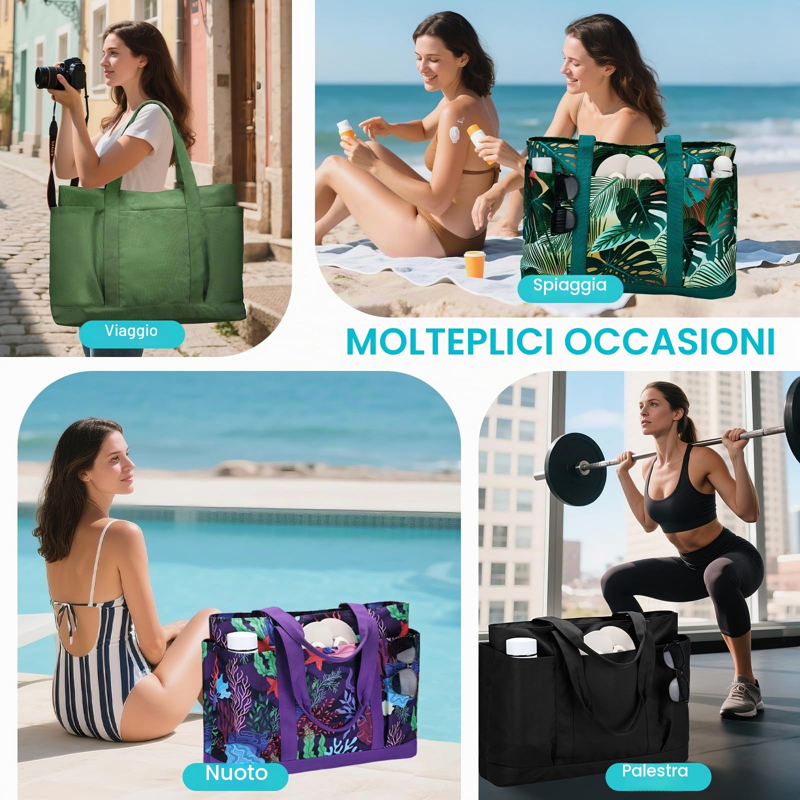 VASCHY Borsa Mare Grande,Borsa Spiaggia Donna Impermeabile Borse Tela Mare con Tasche Multifunzione Piegevole Viaggio Estiva