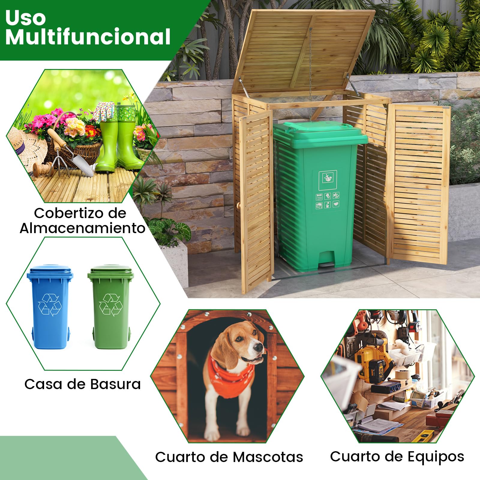 COSTWAY Cobertizo de Basura de Madera de 120 L, Caseta de Madera para Contenedor de Desechos para Exteriores con Tapa Abatible, Puertas Dobles, Pestillo de Seguridad, Contenedor de Basura para Jardín