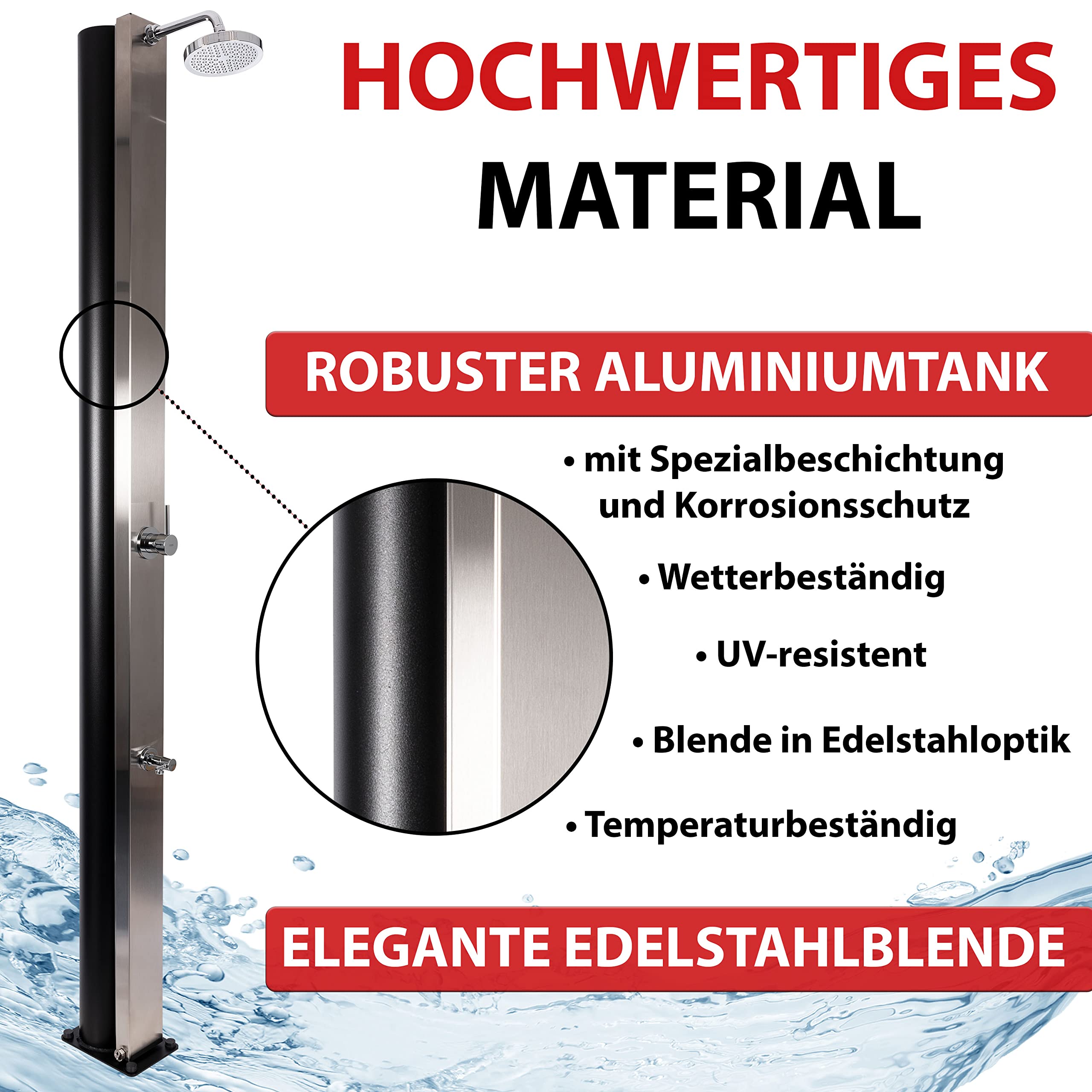 Solardusche 30 L, extra große Füllmenge, Gartendusche Aluminium, Solardusche Garten mit Fußdusche, Gartendusche Solar für Warm- und Kaltwasser, Gartendusche Aussendusche Edelstahl