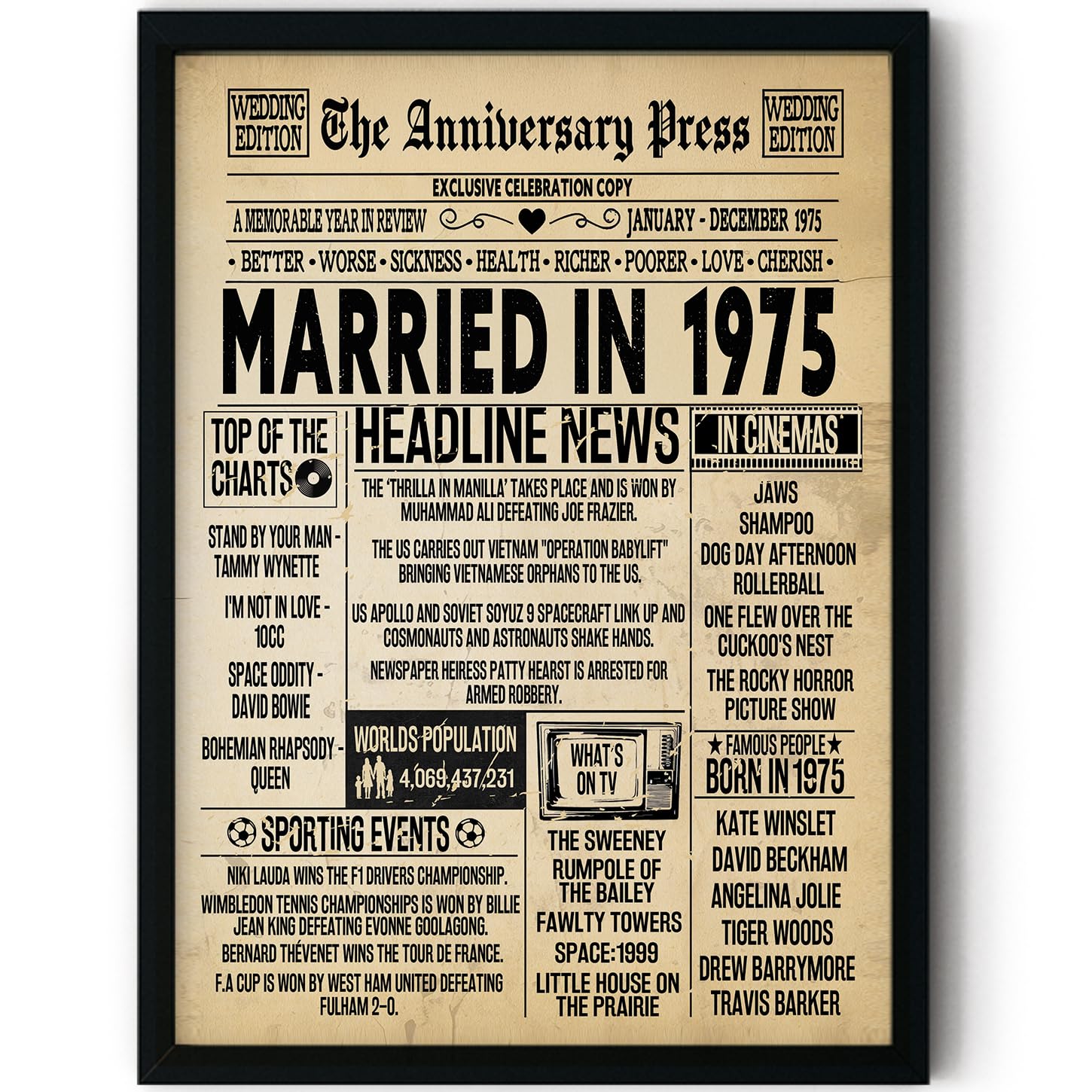 Stuff4 Men's 1975 51St Anniversary Poster Framed - Married In Newspaper - 51 Wedding Anniversary For Wo Retro Vintage Gifts Back In 8X10 Inch Anniversaries Posters