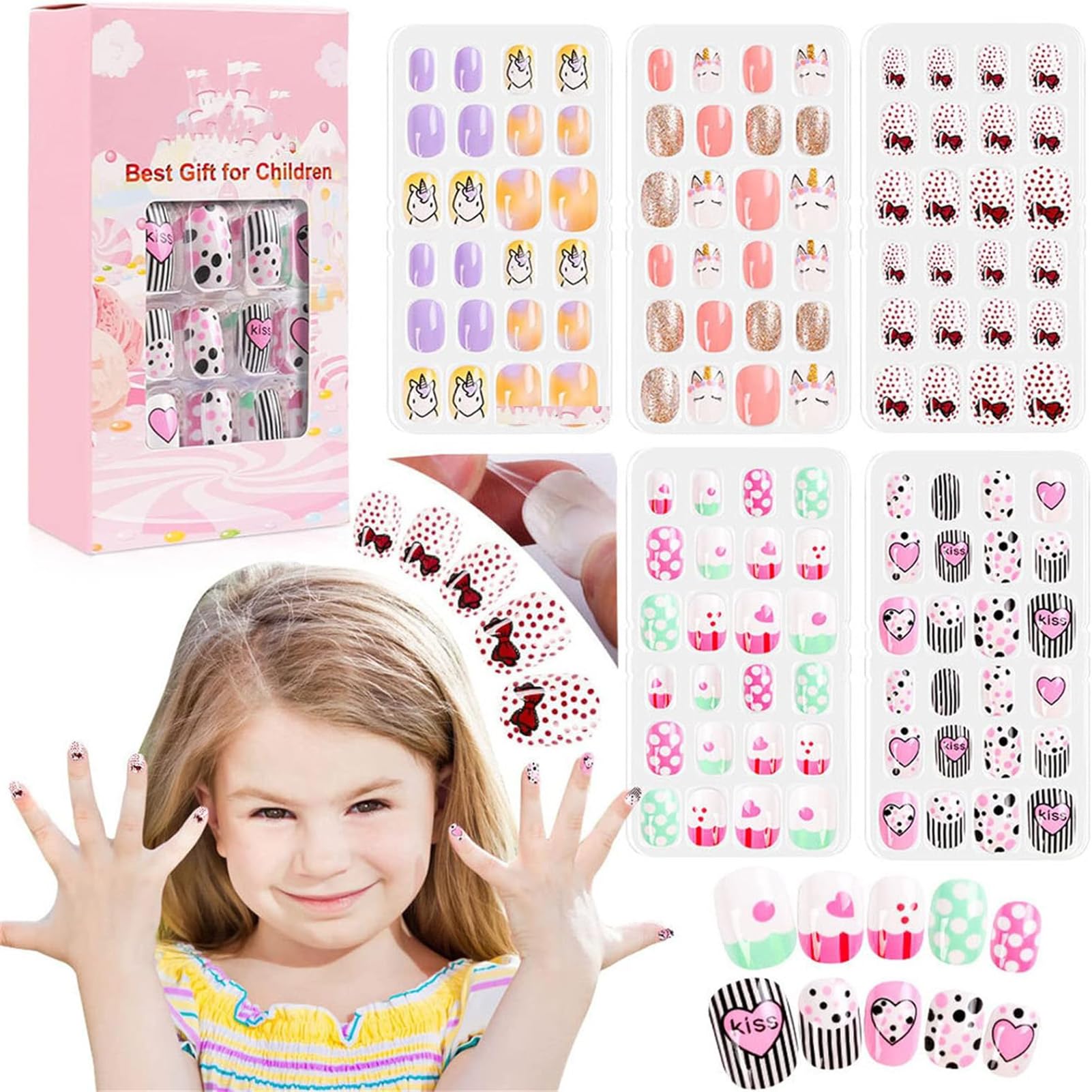 YHOME 120Pcs Kids Press On Nails， Children Fake Nails Artificial False Nail Tips Full Cover Acrylic Press On Nails Short，Cute Children's Fake Nails Set Girls Kids Nail Decoration