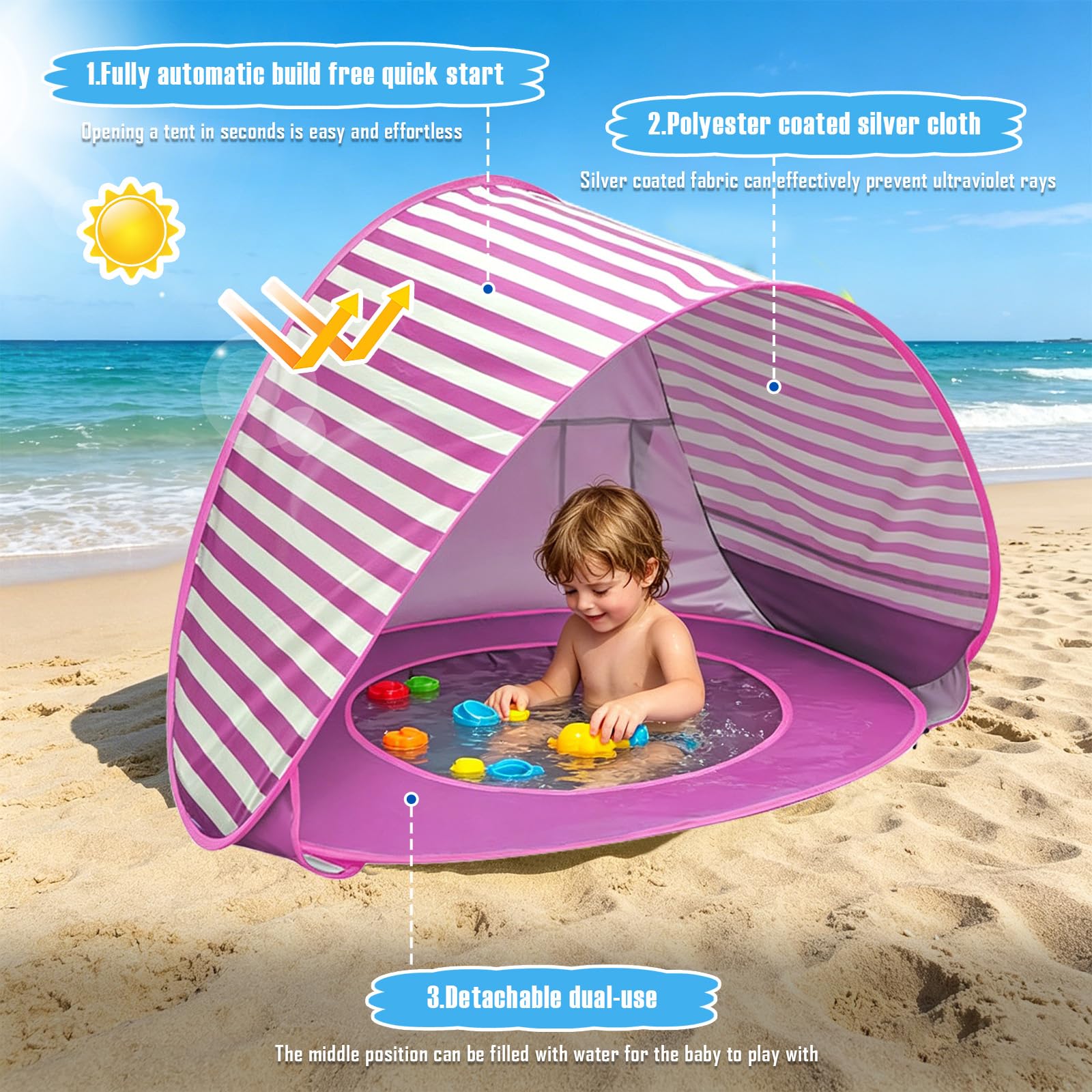 Refugio de playa para bebé con mini piscina, tienda de playa para bebé con protección UV, concha de playa portátil para niños, protección solar, tienda de playa para playa, jardín y viajes (rayas