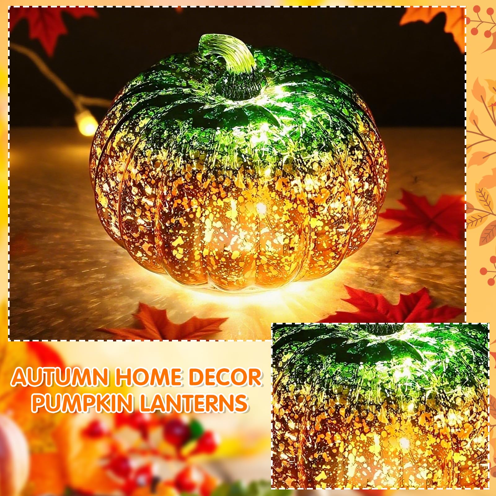 Kürbis-Deko-Lampe Mit LED – Glasdesign, Batteriebetrieben, Gold/orange, 15 Cm, Für Herbst & Halloween