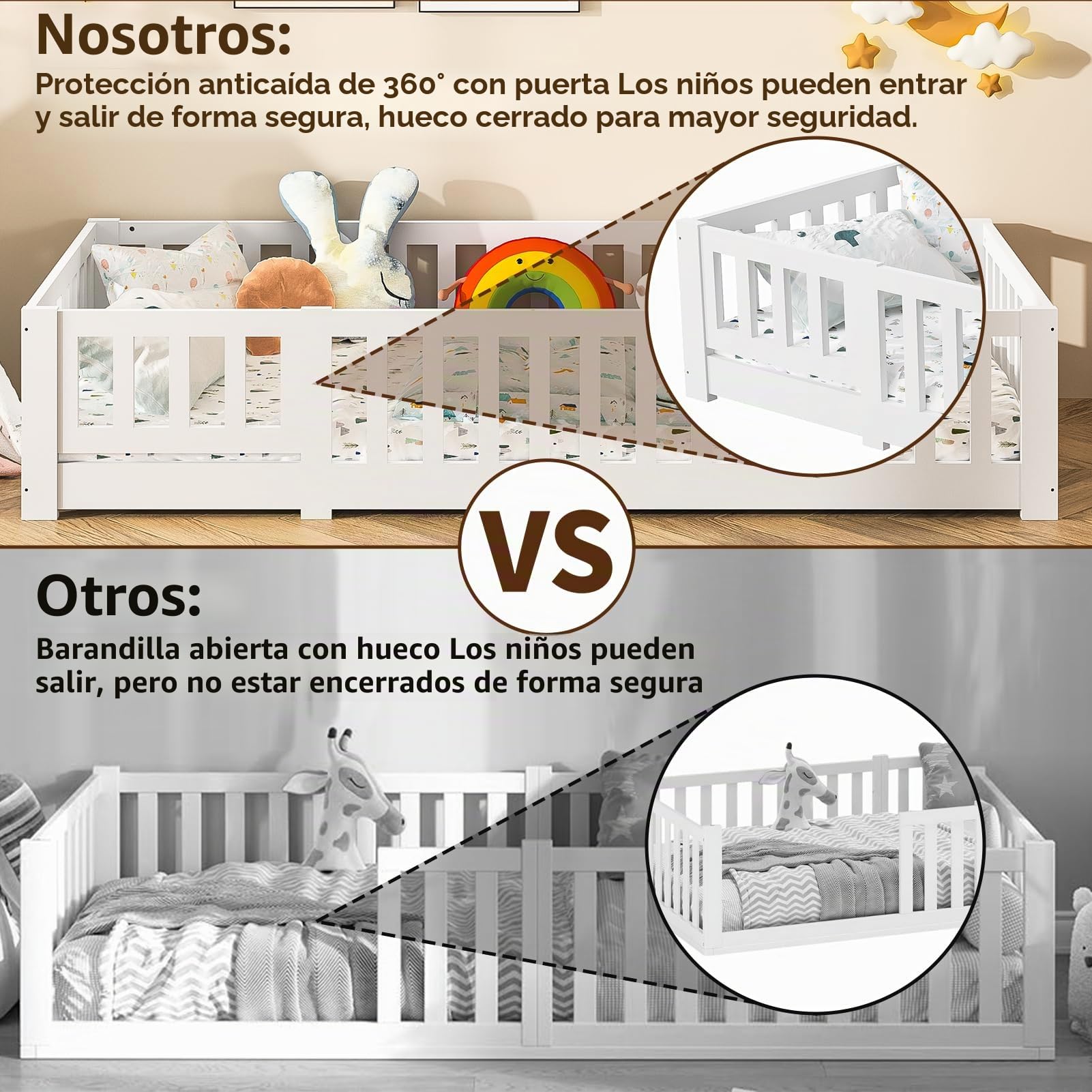 Cama infantil 90 x 200 cm con somier, marco de cama de madera con valla y puerta, cama Montessori con protección anticaídas, para niño y niña, color blanco