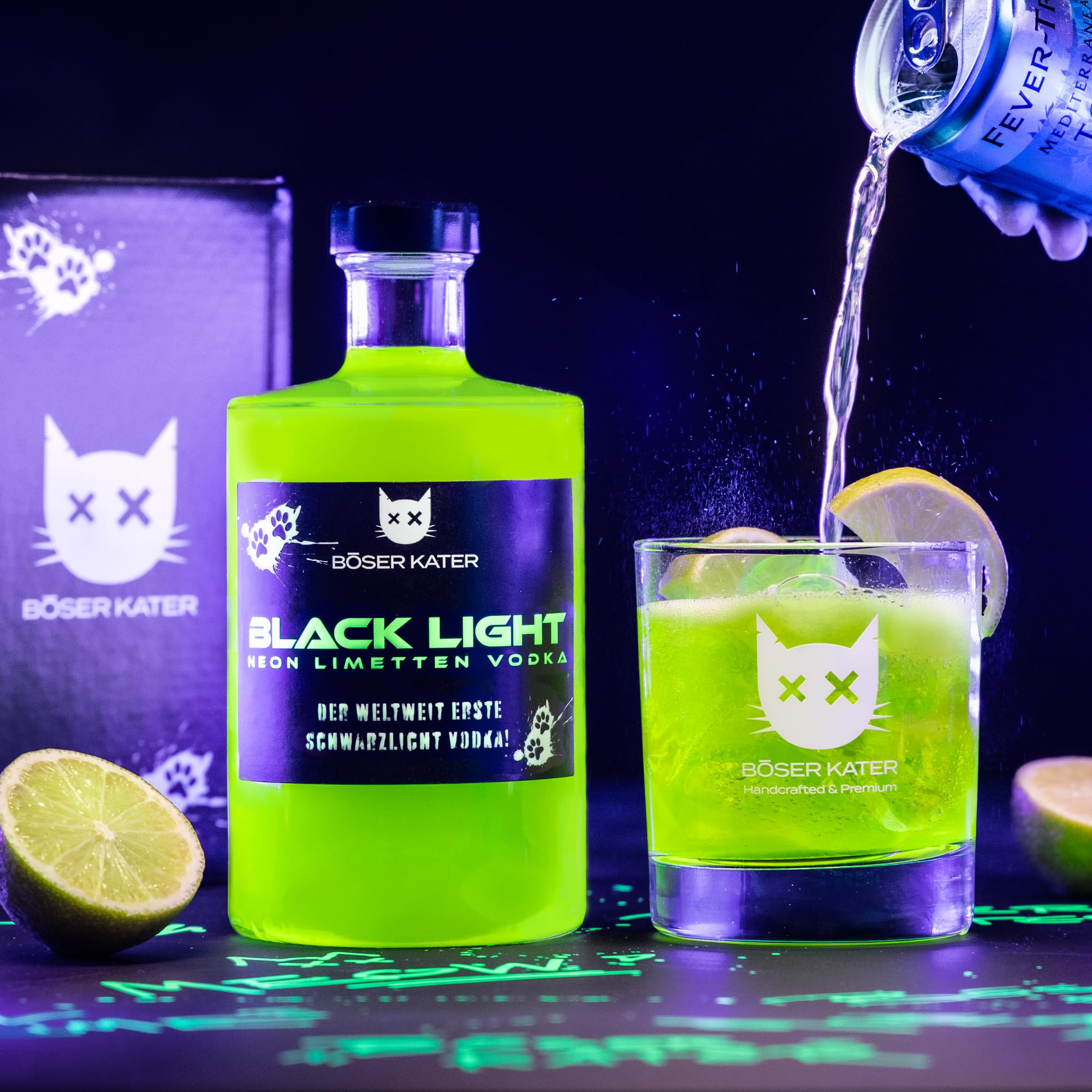 BÖSER KATER Blacklight Vodka 0,5l 40% Vol. Neon Vodka mit Leucht-Effekt Partydrink Limettengeschmack Geschenkbox