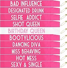 10 Pcs Birthday Queen Sashes for Women, Funny Happy Birthday Squad Sash for Girls Sweet 16,18th 21st 30th 40th 50th or Any Other Bday Party Supplies Decorations Jokes and Favors (Pink + White)
