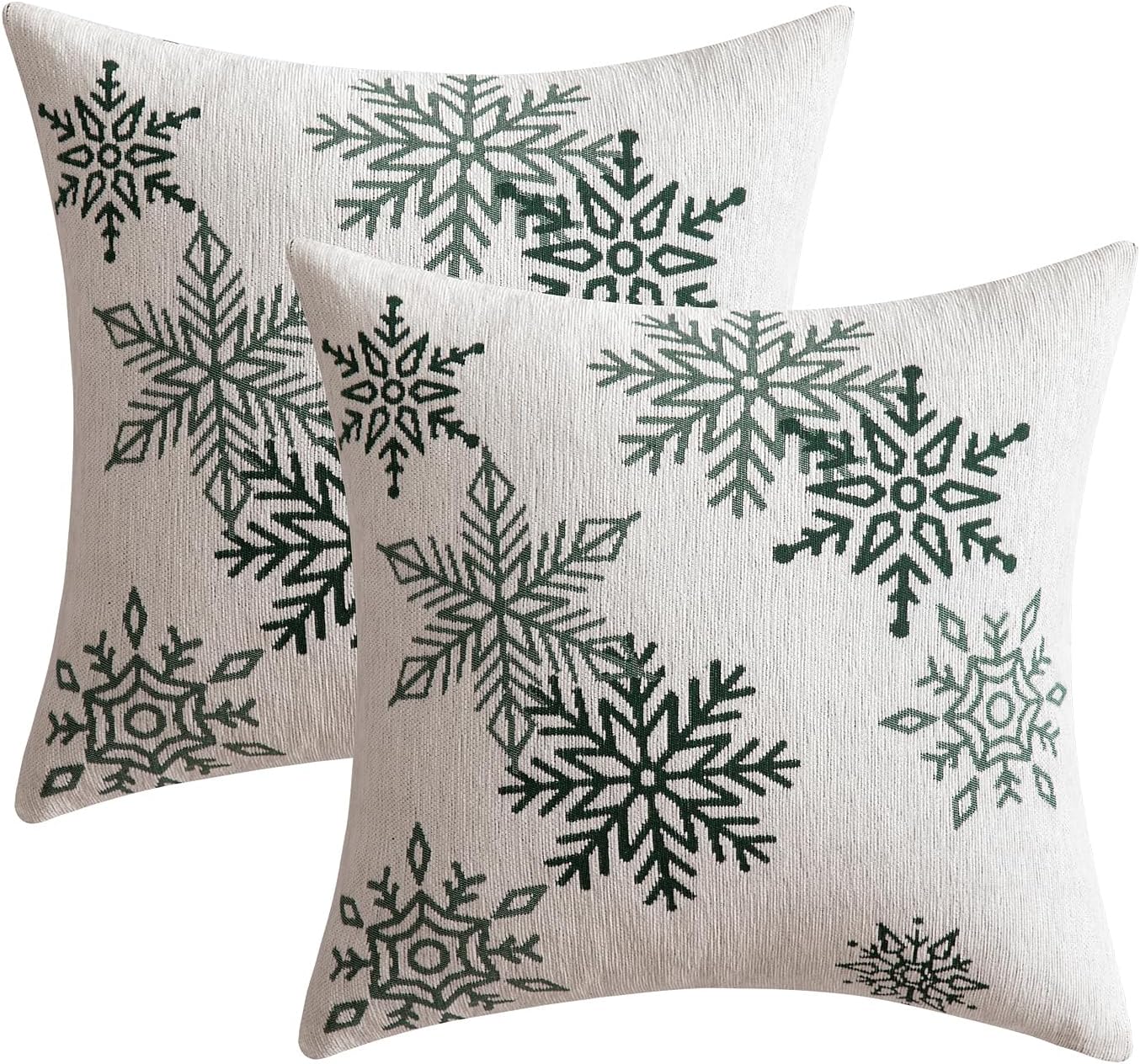 MIULEE Christmas 2 Pack White and Green Chenille Throw Pillow Covers Soft Pillow Cases with Snowflake Embroidery Morden for Holiday Decoration Sofa Couch Bedroom Home Decor,18x18 Inch