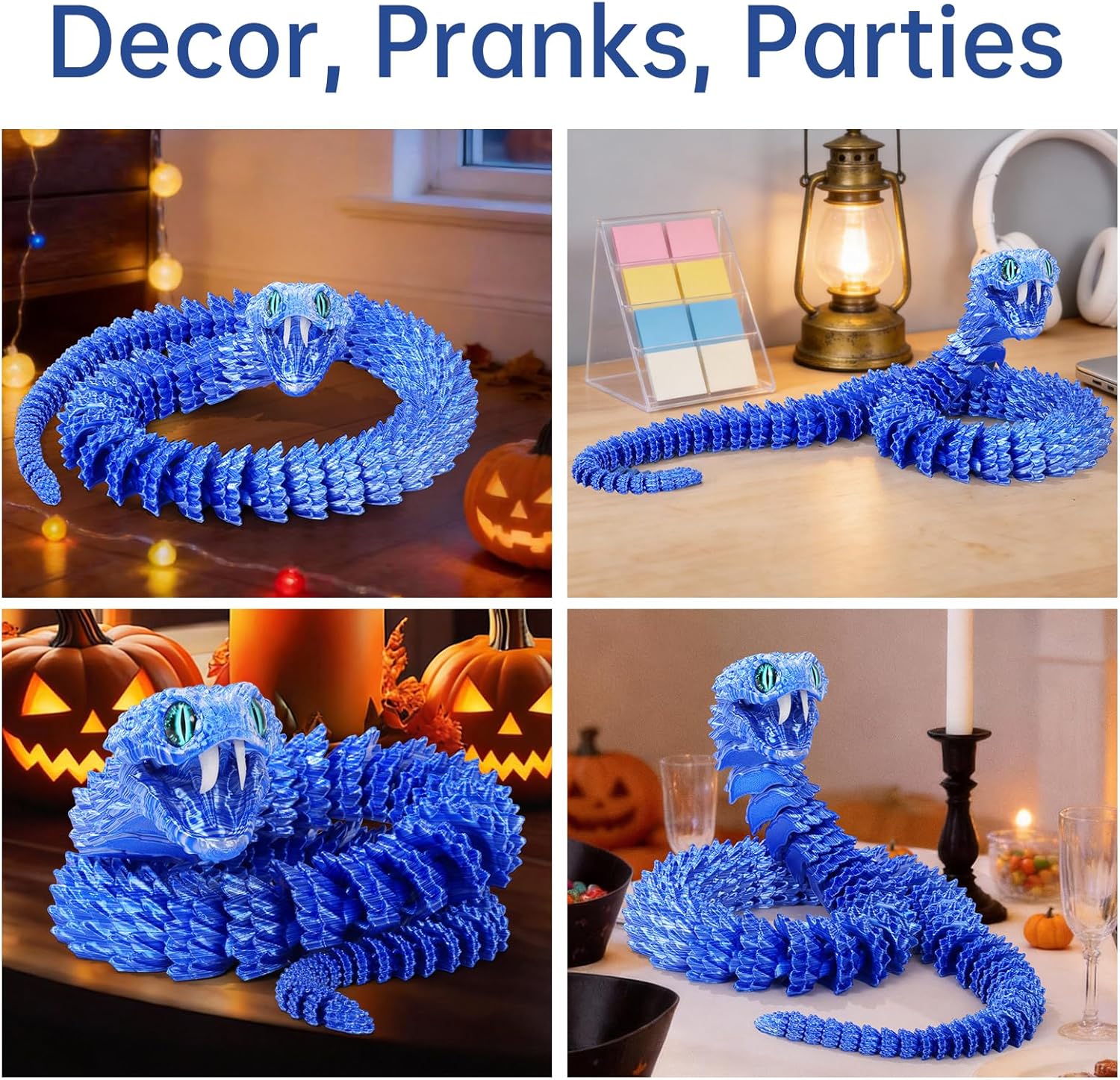 41.7in Giant 3D Printed Snake Realistic Large Toy Snake Figurine, Flexible Snake Model with Noctilucent Movable Teeth for Large 3D Printed Animals Collectors, Stress Relief Fidget Toy (Blue Silver)