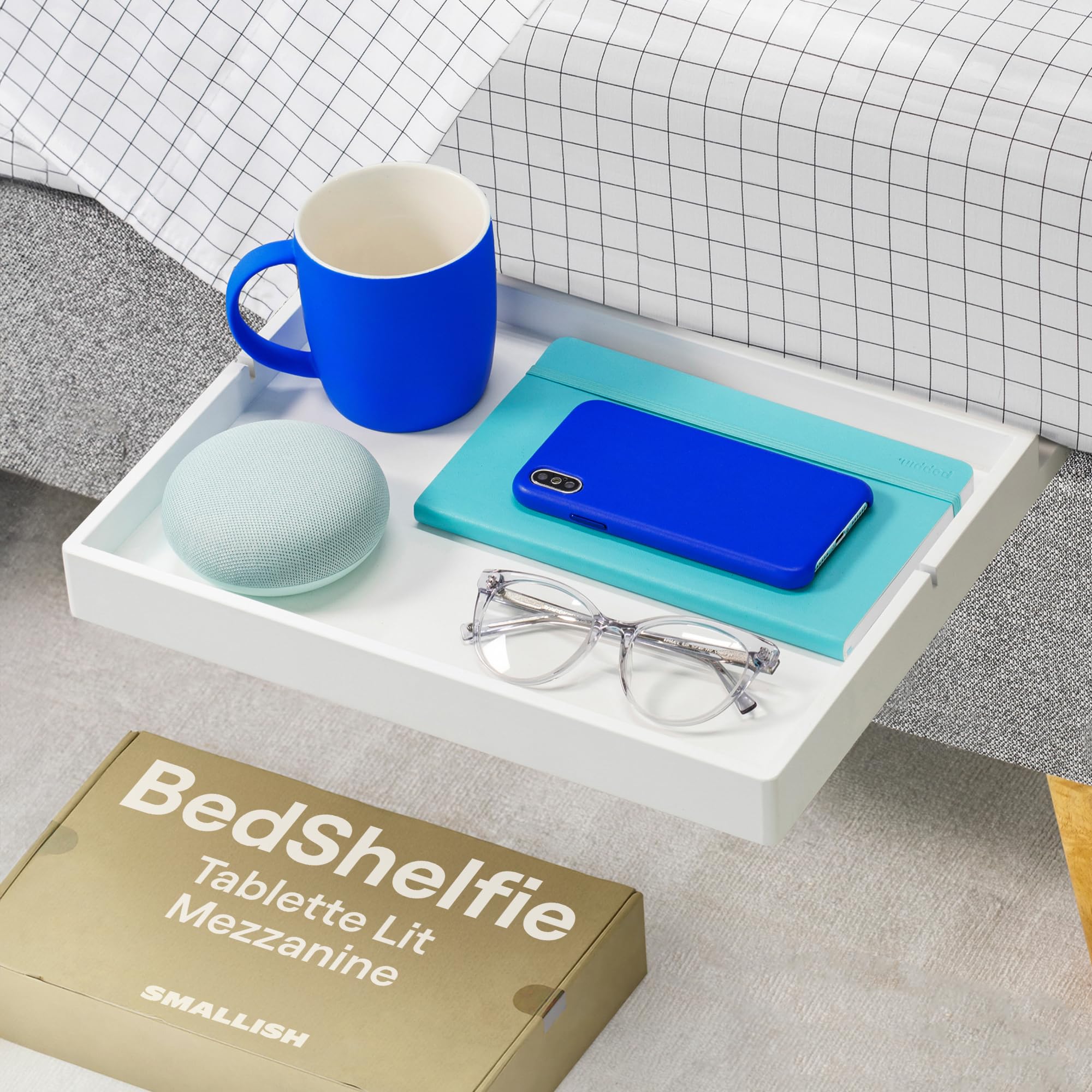 BedShelfie Table de Chevet Suspendue au Lit, Tablette Idéale pour Lits Superposés d'enfants et Chambre Étudiante, Étagère pour Lit Mezzanine, Table de Nuit Clip-on ou à Faire Glisser, Blanc
