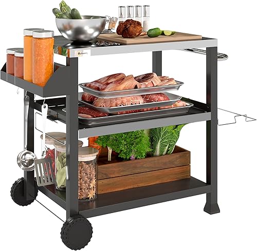 Outsunny Carrito de parrilla de tres estantes para exteriores con mesa de acero inoxidable, mango lateral, soporte multifuncional para horno de