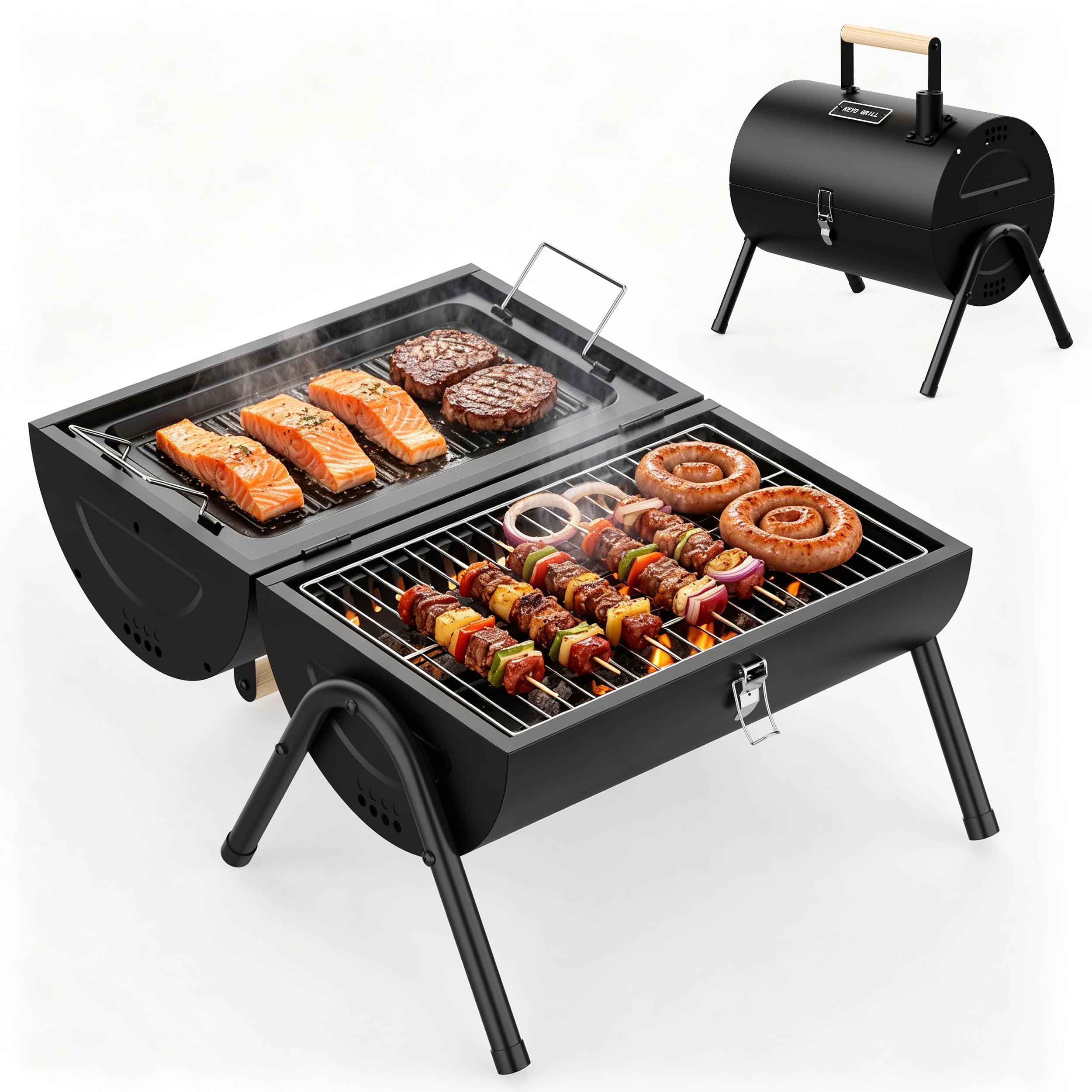 KEYO Portable Charcoal BBQ Smoker Grill with Double - Sided Cooking Zone