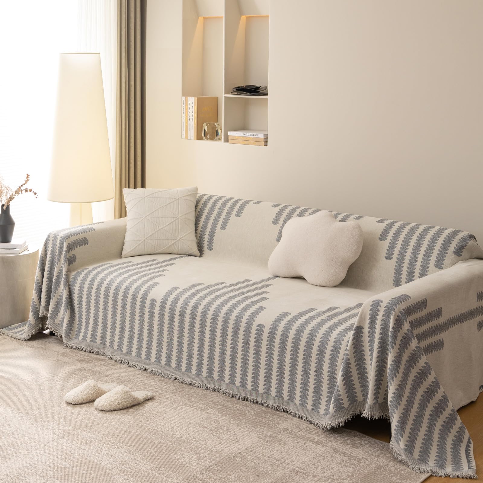 SHANNA Line Sofa Cover for 2 3 4 Seater, Cotton Blend Velvet Slipcover for Corner L Shaped Sofa, All-Season Protection Couch Cover, Furniture Protector Loveseat Futon Bed Cover with Non-slip Bottom