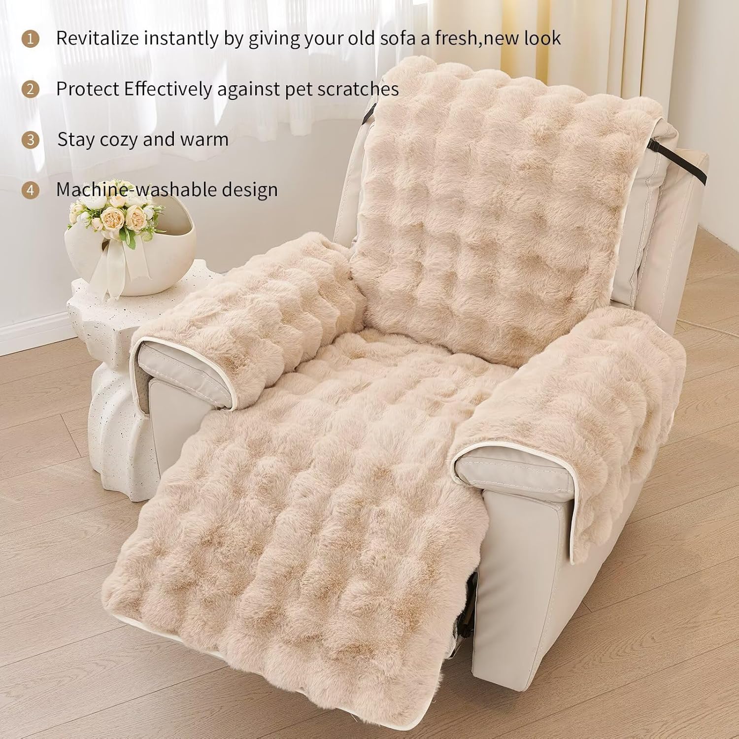 Fluffy Plush Recliner Chair Covers 1 Piece Faux Rabbit Fur Soft Warm Lazy Boy Recliner Slipcovers Stay in Place Anti-Slip for Kids Pets Khaki Washable Chair Covers with Elastic Straps