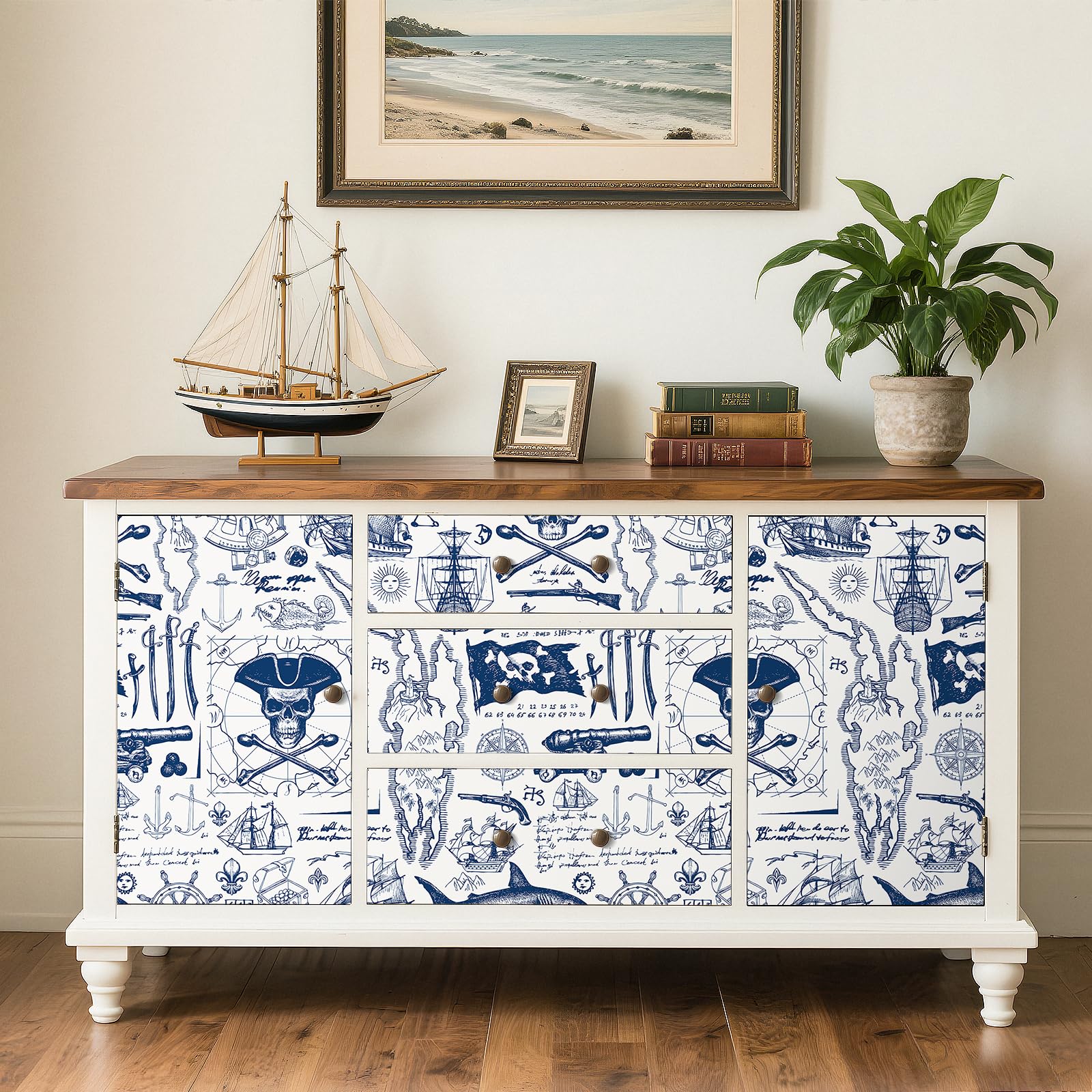 ReWallpaper Navy Sticky Back Plastic Beige Blue Pirate Ship Wallpaper Patterned Contact Paper for Furniture Cabinets Door 44.5CMx3M Peel and Stick Wallpaper Boys Bedroom Nautical Themed - Image 3