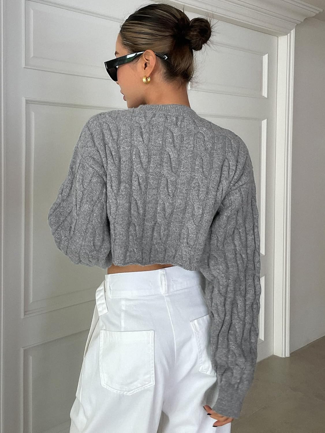 Women's Sweater Cable Knit Drop Shoulder Crop Sweater Sweater for Women (Color : Gray, Size : Medium)