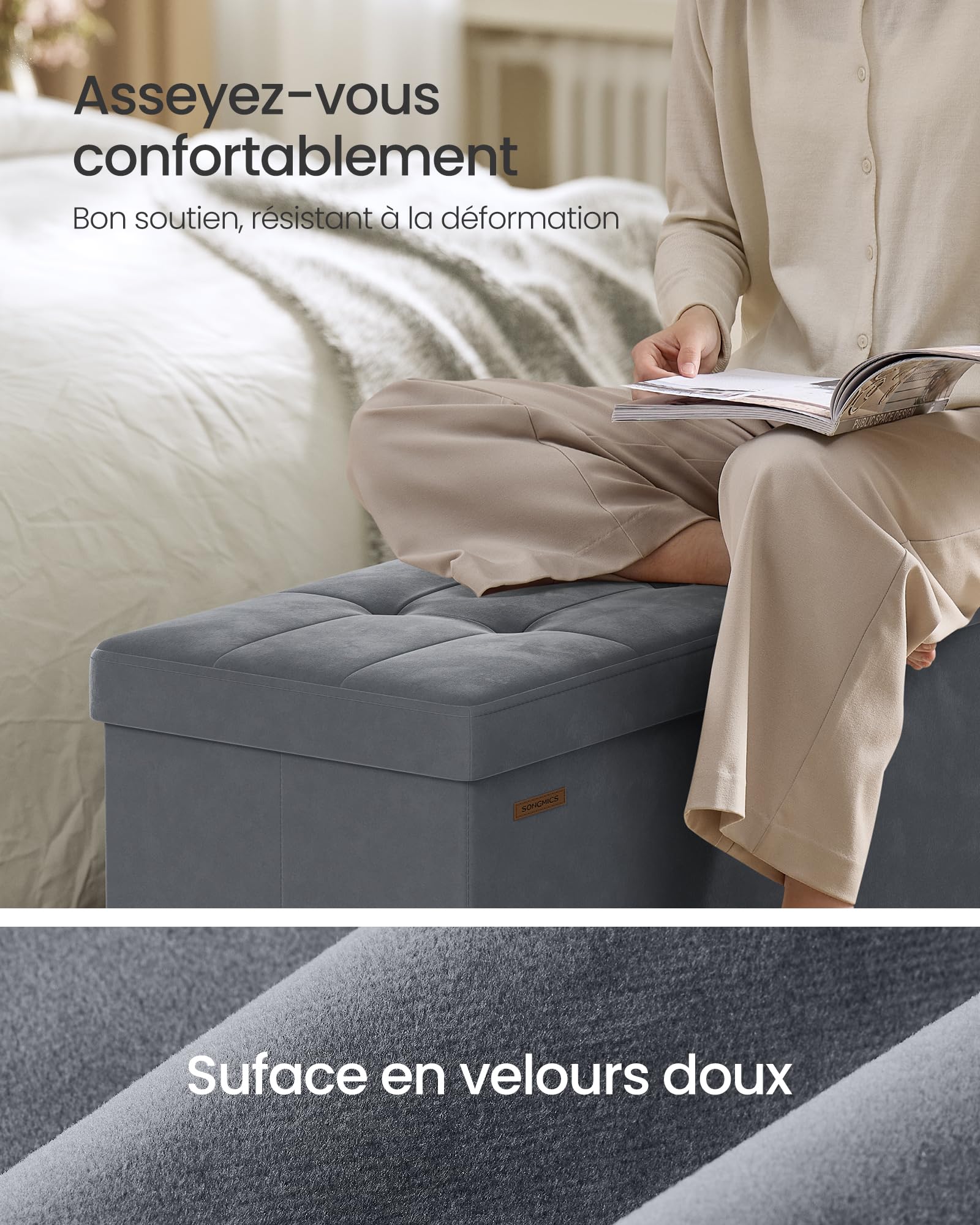 SONGMICS Banc de Rangement, Cube Pliable, 38 x 110 x 40 cm, Pouf, Repose-Pieds, 112 L, Surface en Velours, pour Chambre, Salon, Dortoir, Gris Ardoise LSF0518G02